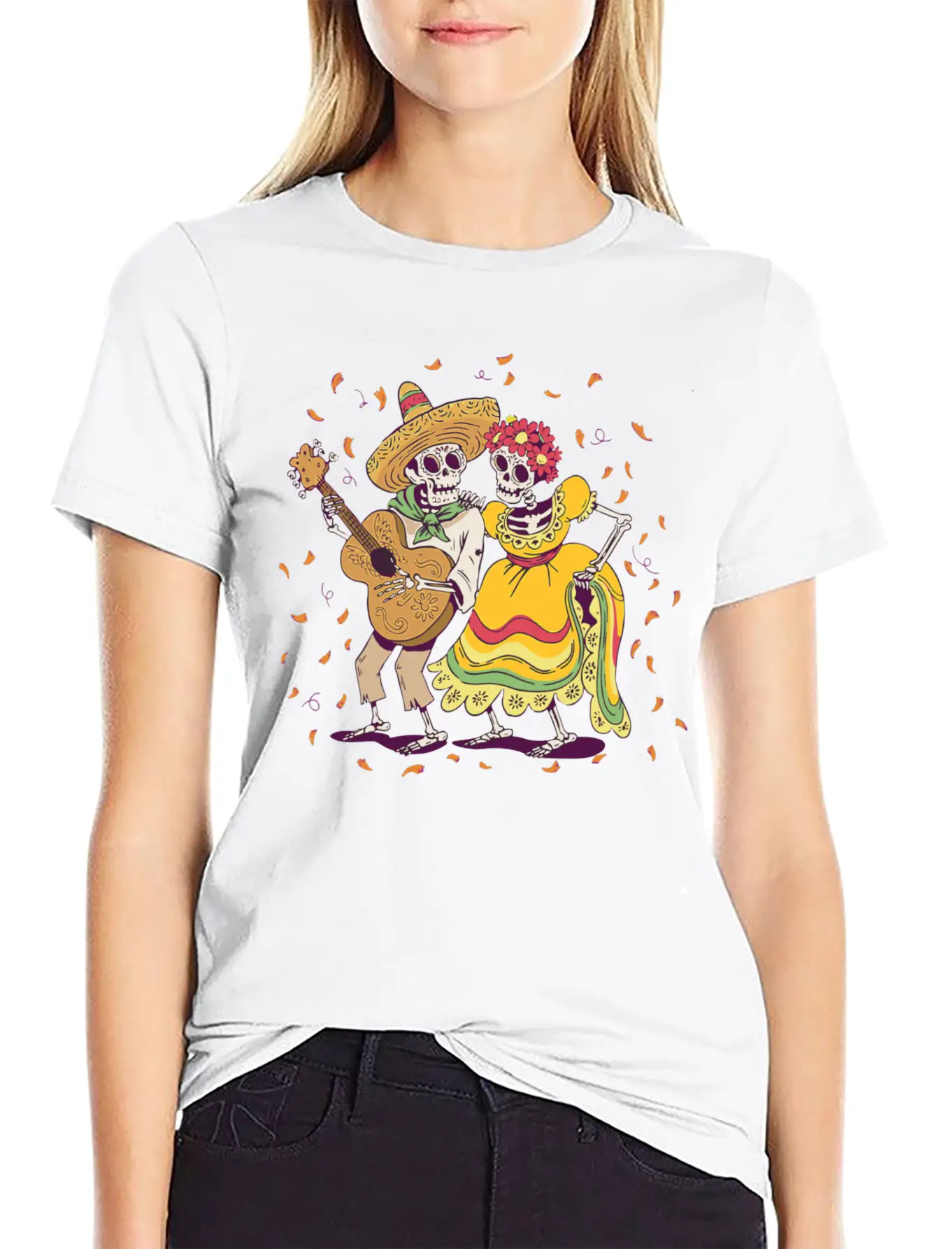 Day Of Dead Festival Flowers Skeleton Guitar Unisex Casual T-Shirt – Clean Design For Daily Comfort