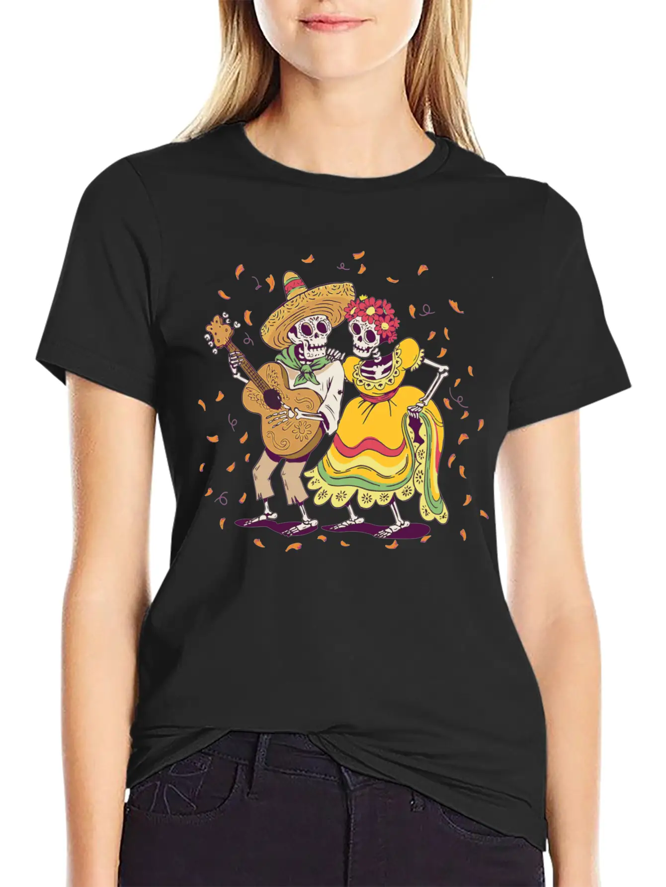 Day Of Dead Festival Flowers Skeleton Guitar Unisex Casual T-Shirt – Clean Design For Daily Comfort