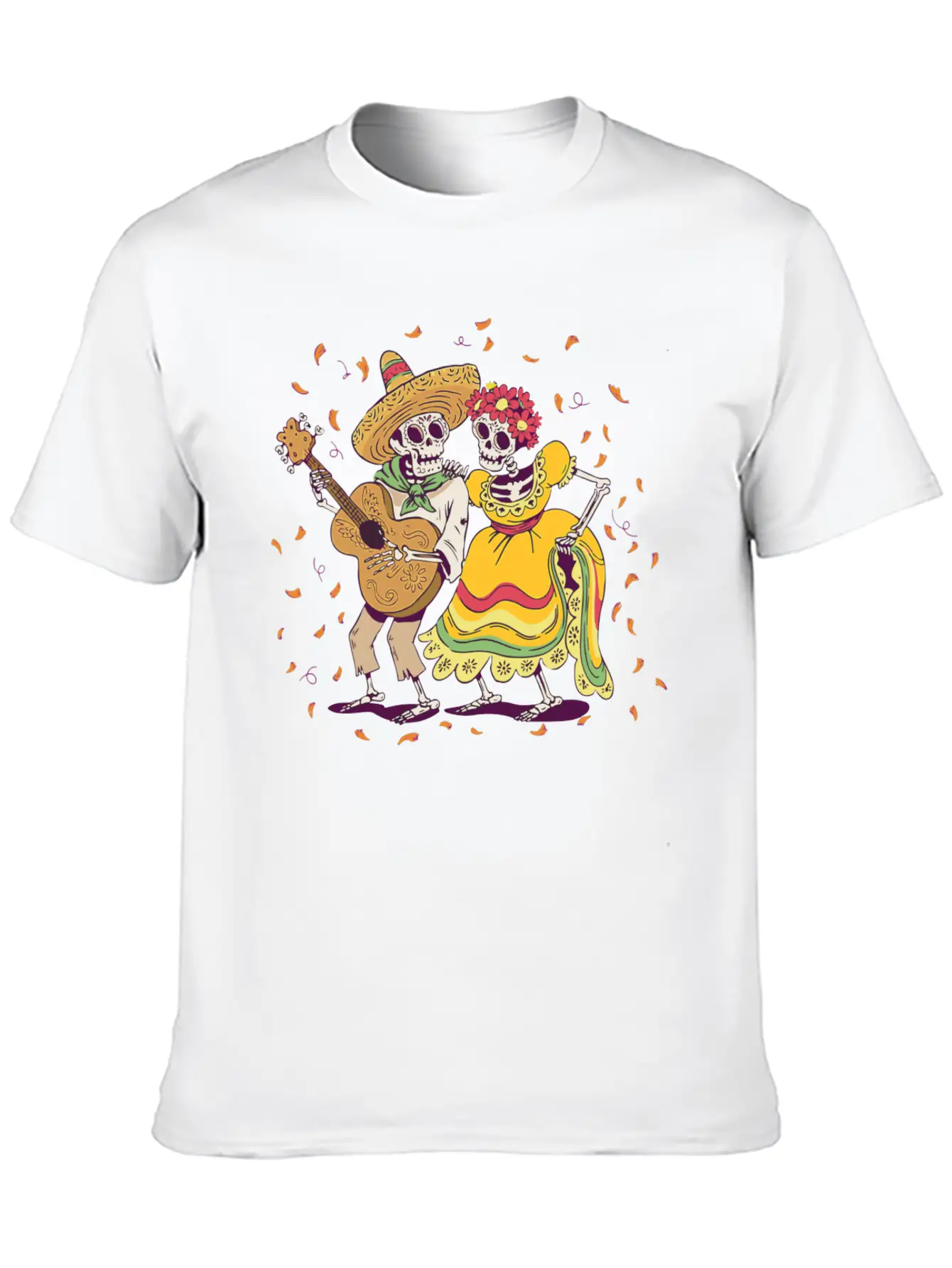 Day Of Dead Festival Flowers Skeleton Guitar Unisex Casual T-Shirt – Clean Design For Daily Comfort