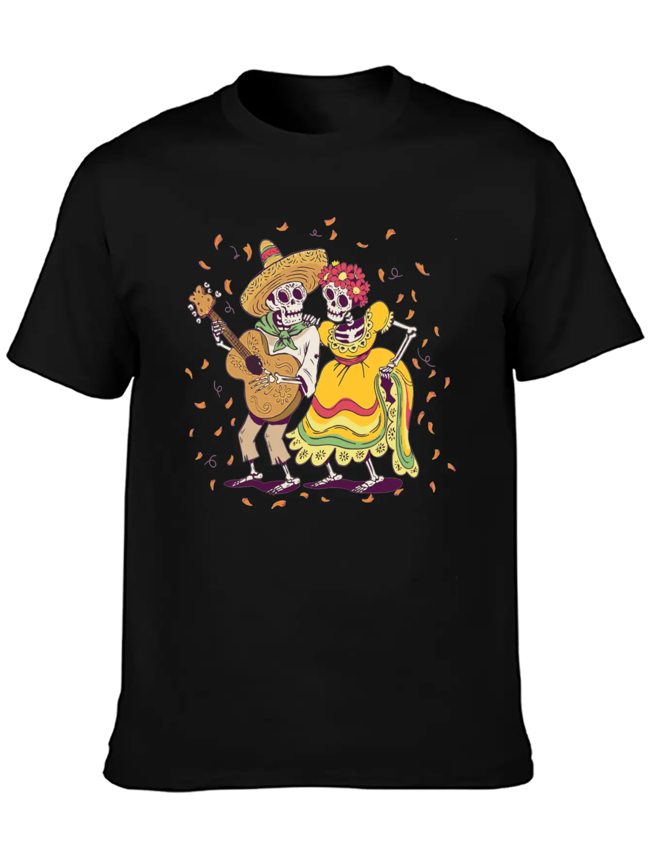 Day Of Dead Festival Flowers Skeleton Guitar Unisex Casual T-Shirt – Clean Design For Daily Comfort