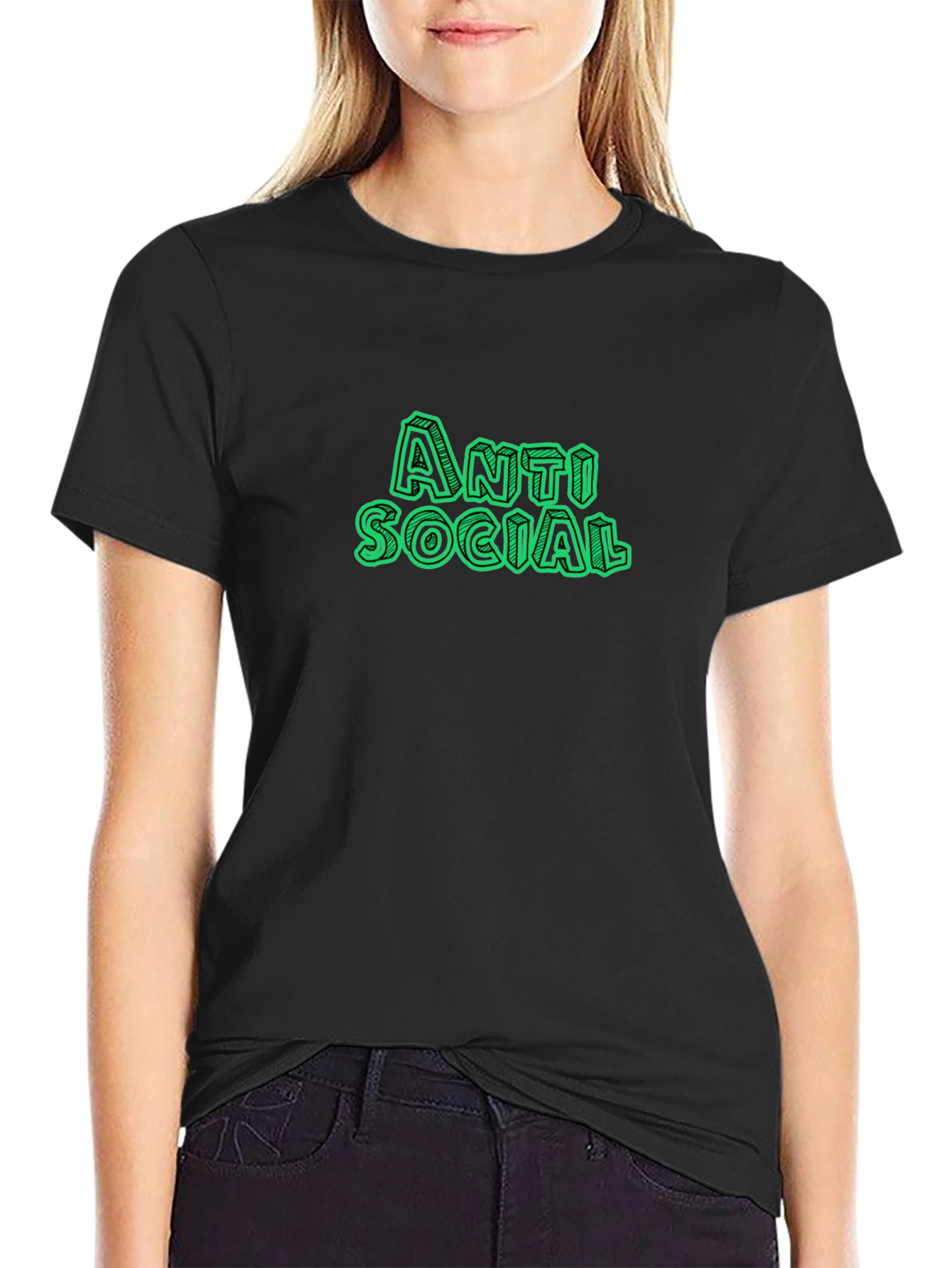 Anti Social Green Text Black T-Shirt