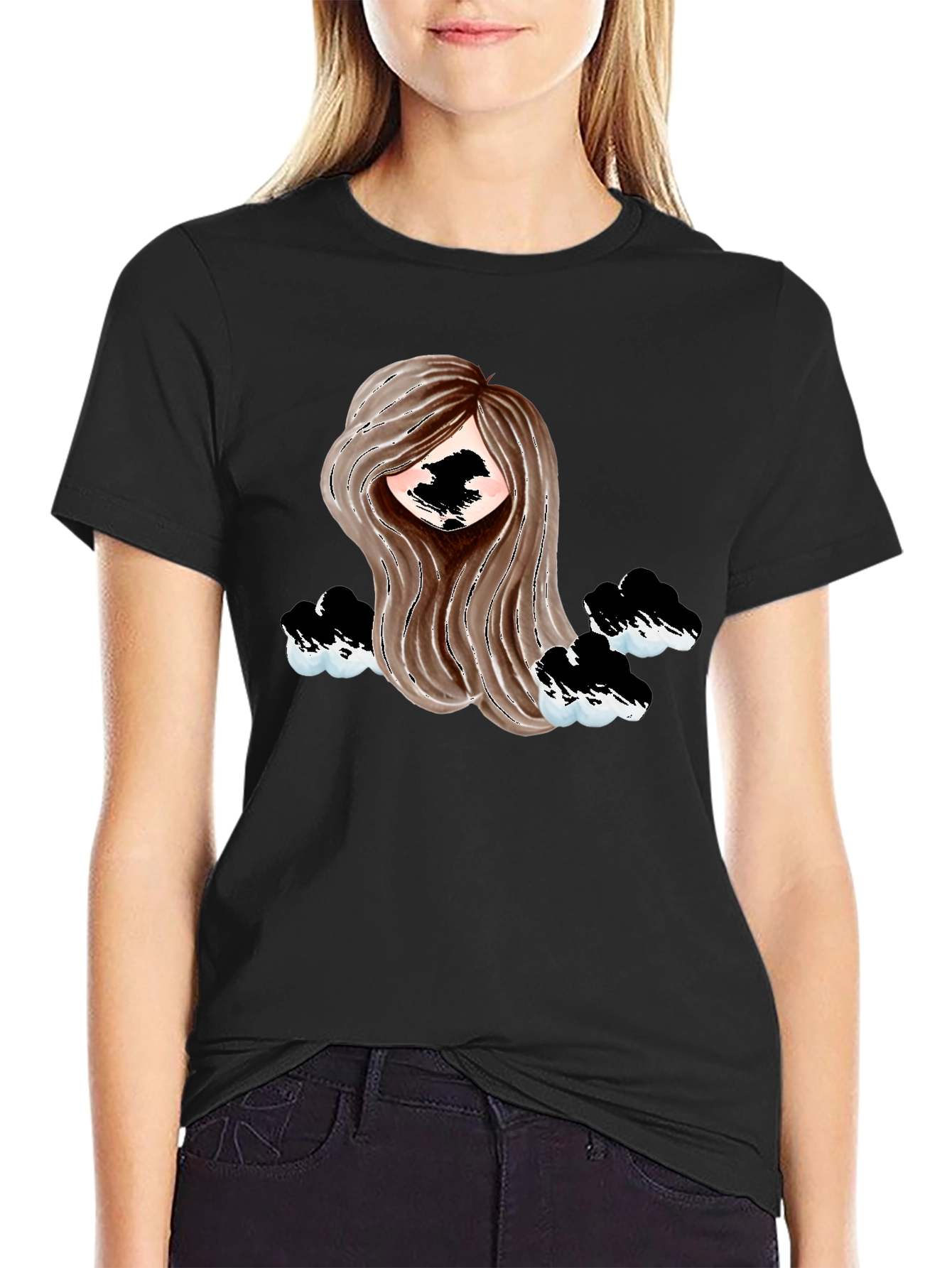Stylish Black Tee with Abstract Girl Design