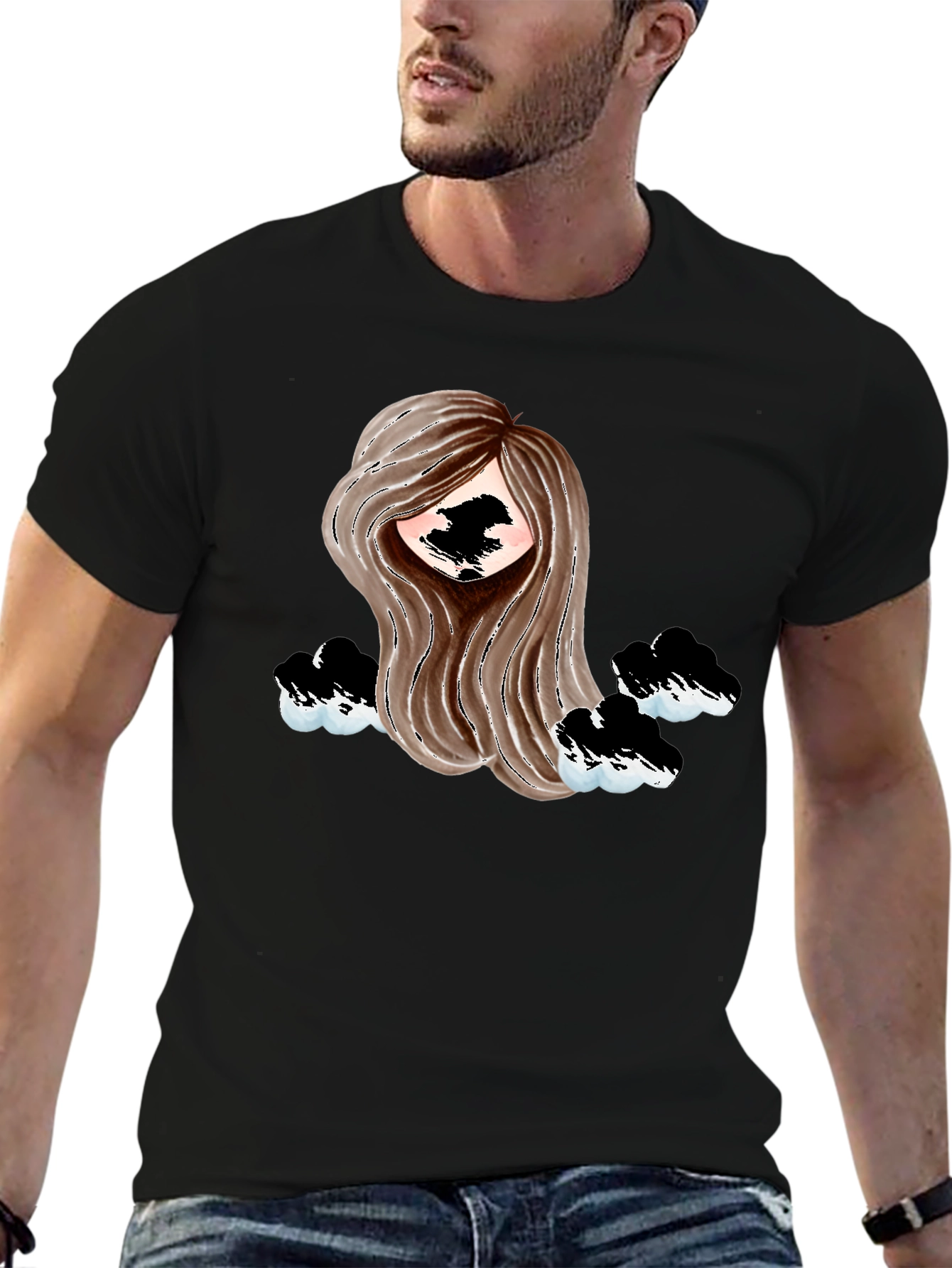 Stylish Black Tee with Abstract Girl Design
