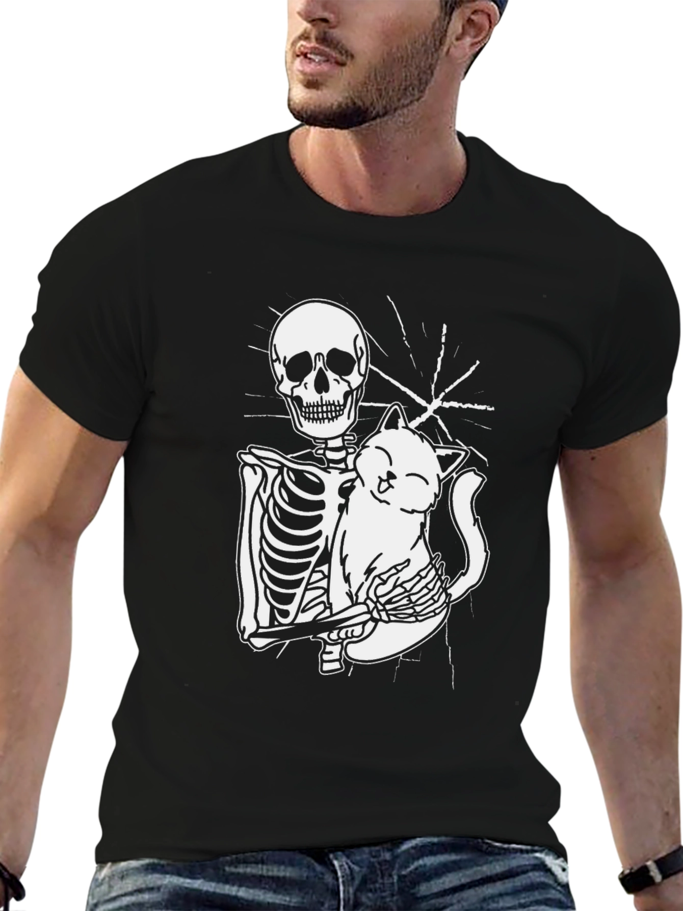 Skeleton Hugging Cat Graphic Tee - Black