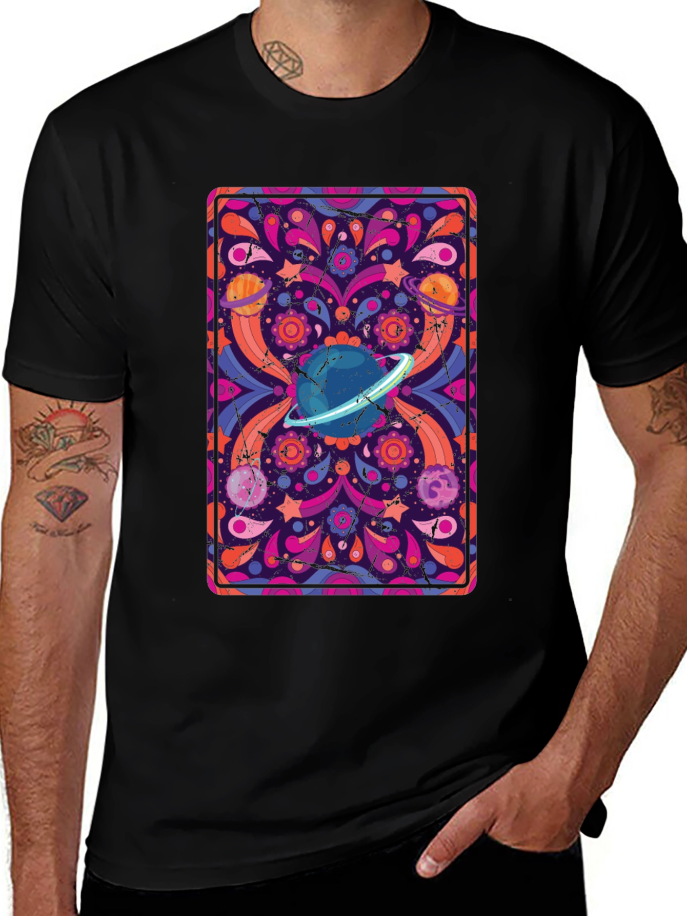 Retro Space Print T-Shirt - Black Cotton Blend