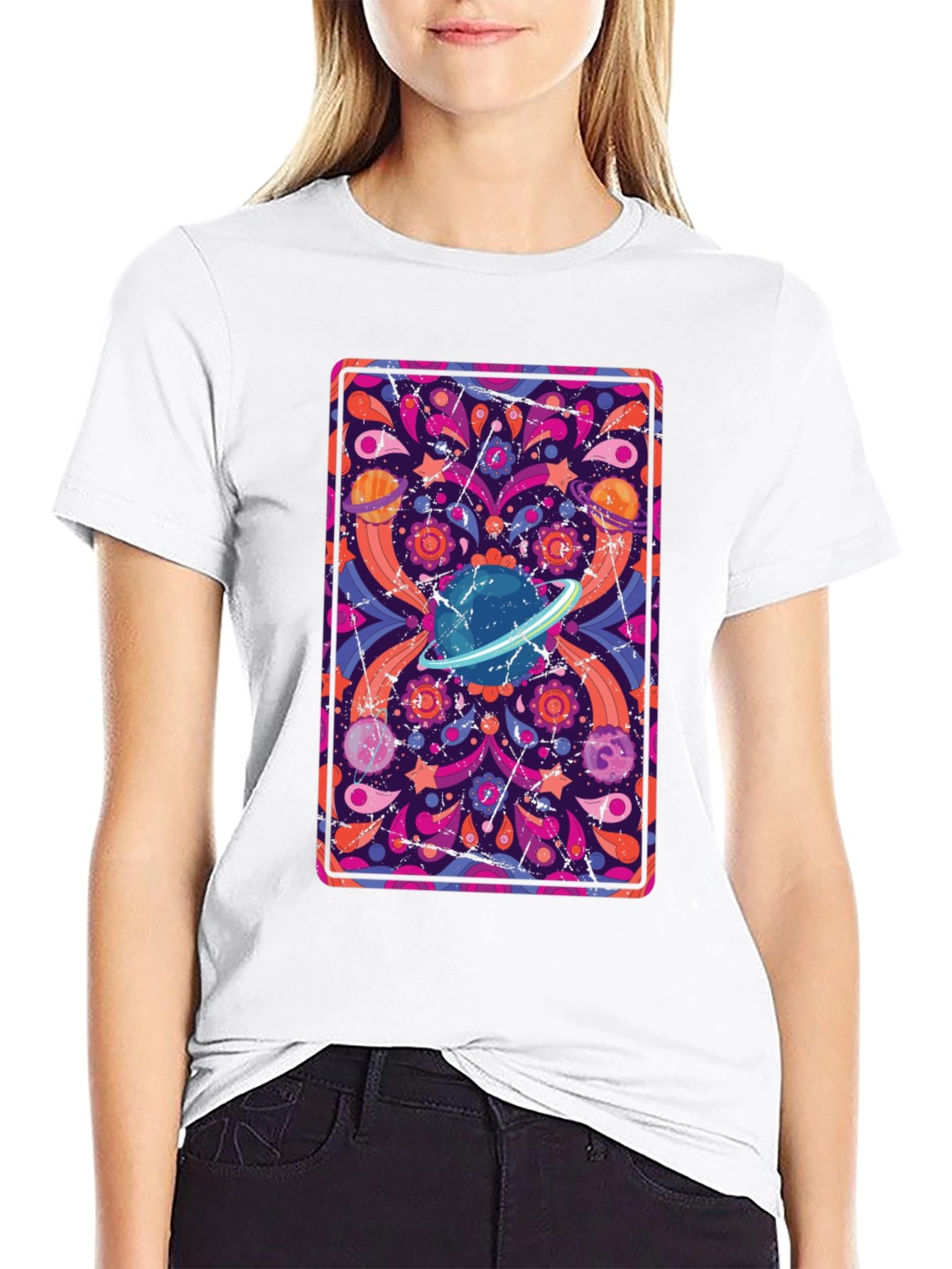 Retro Space Print T-Shirt - Black Cotton Blend