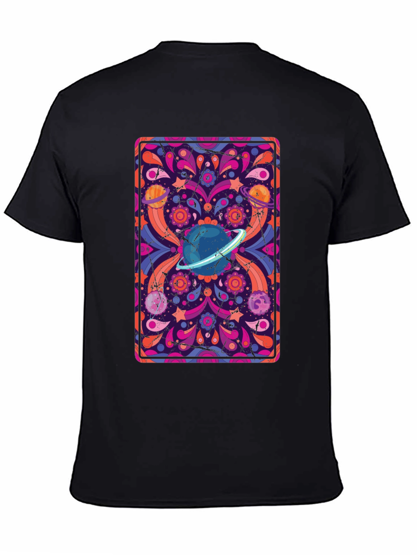 Retro Space Print T-Shirt - Black Cotton Blend