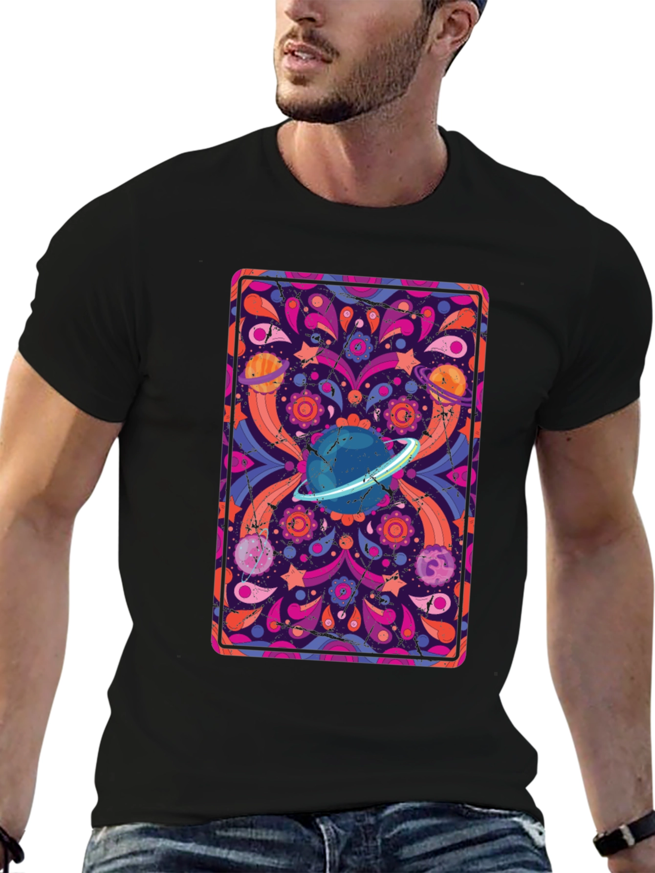 Retro Space Print T-Shirt - Black Cotton Blend