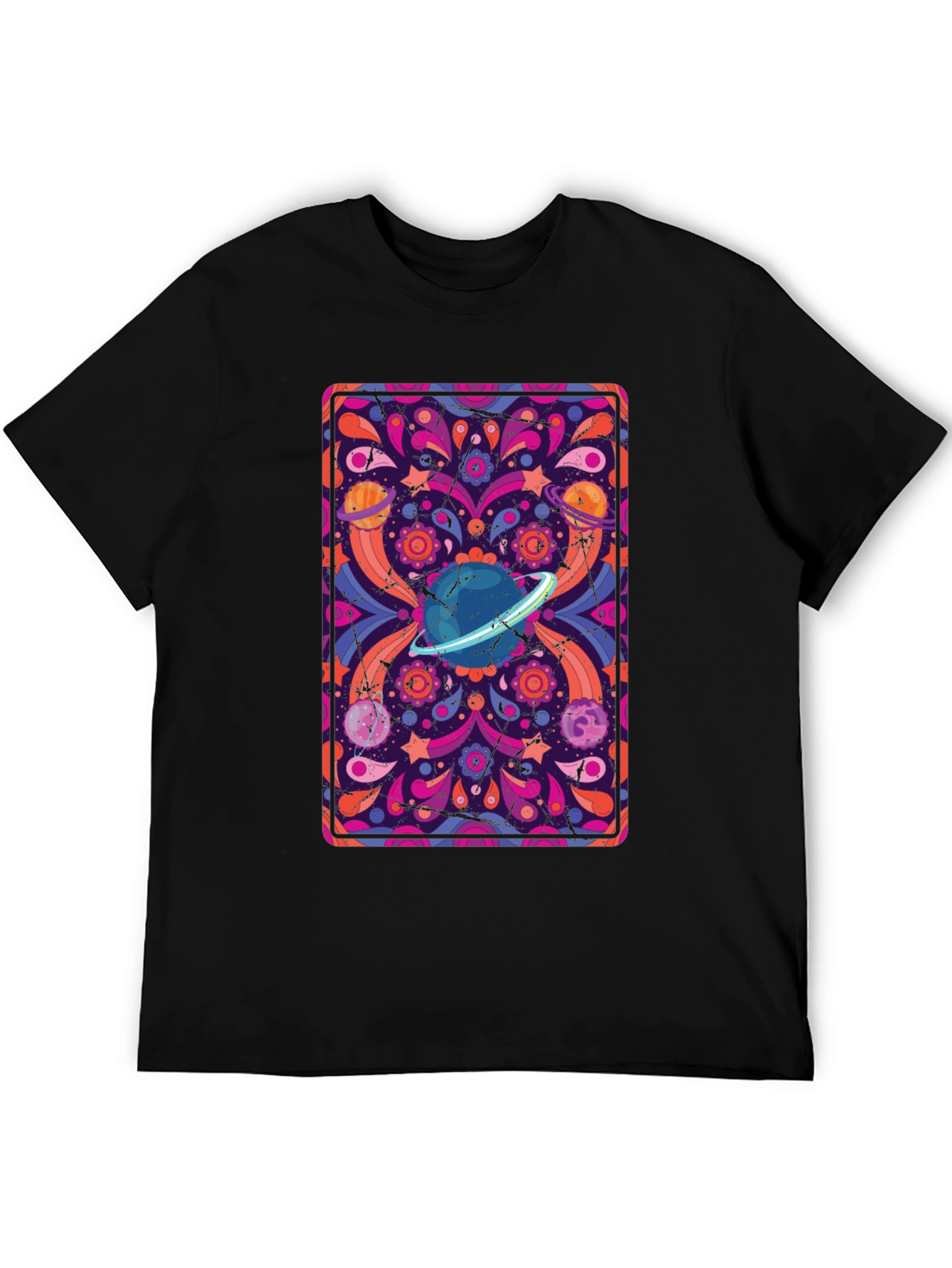 Retro Space Print T-Shirt - Black Cotton Blend