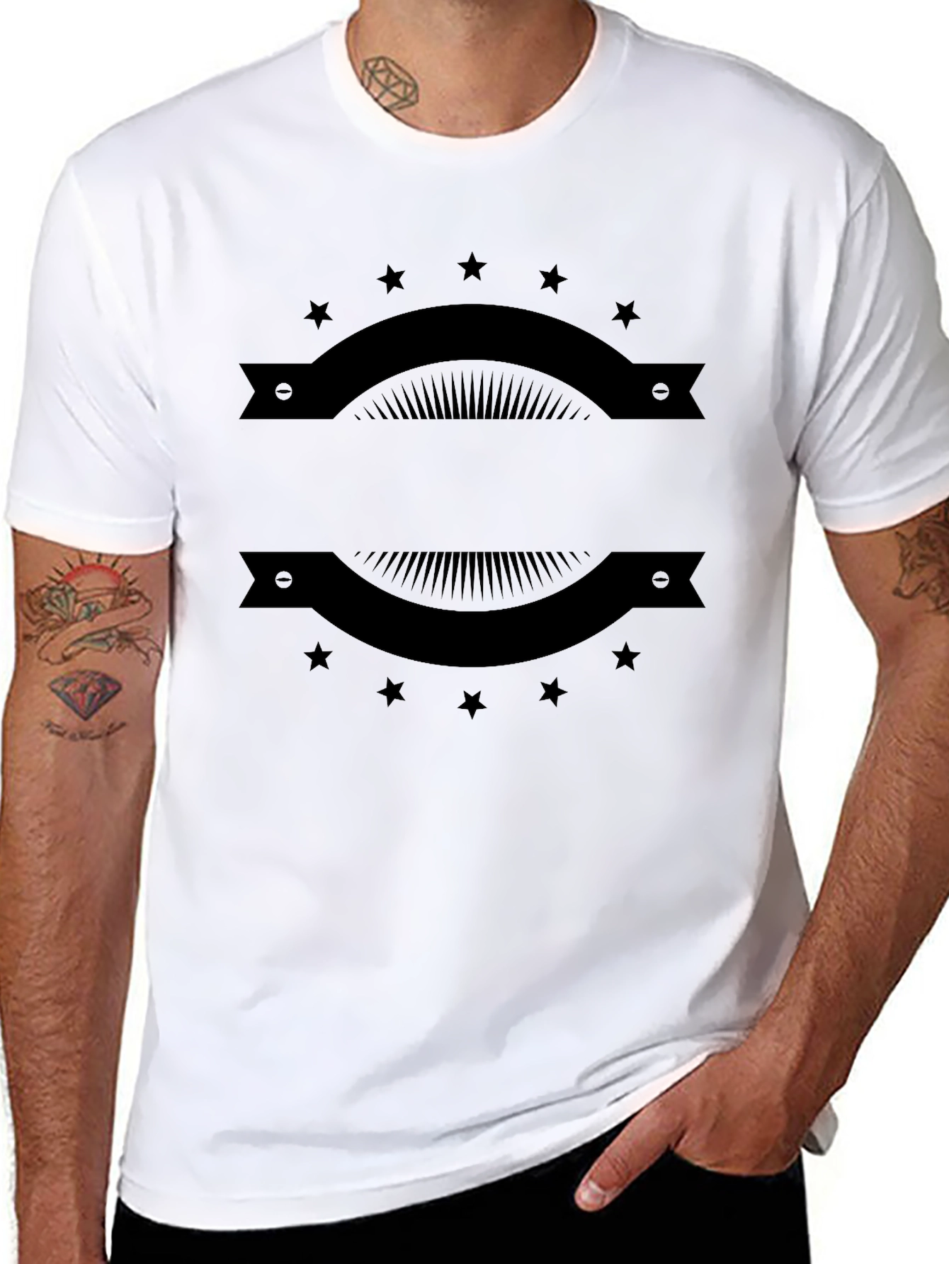 Mens Black Graphic Tee with Banner & Star Design