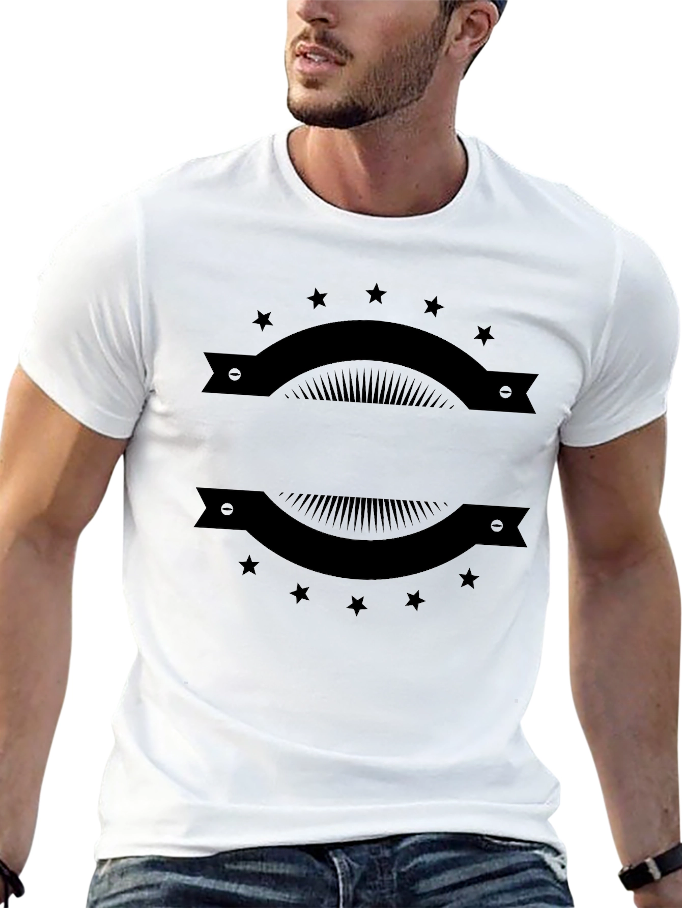 Mens Black Graphic Tee with Banner & Star Design
