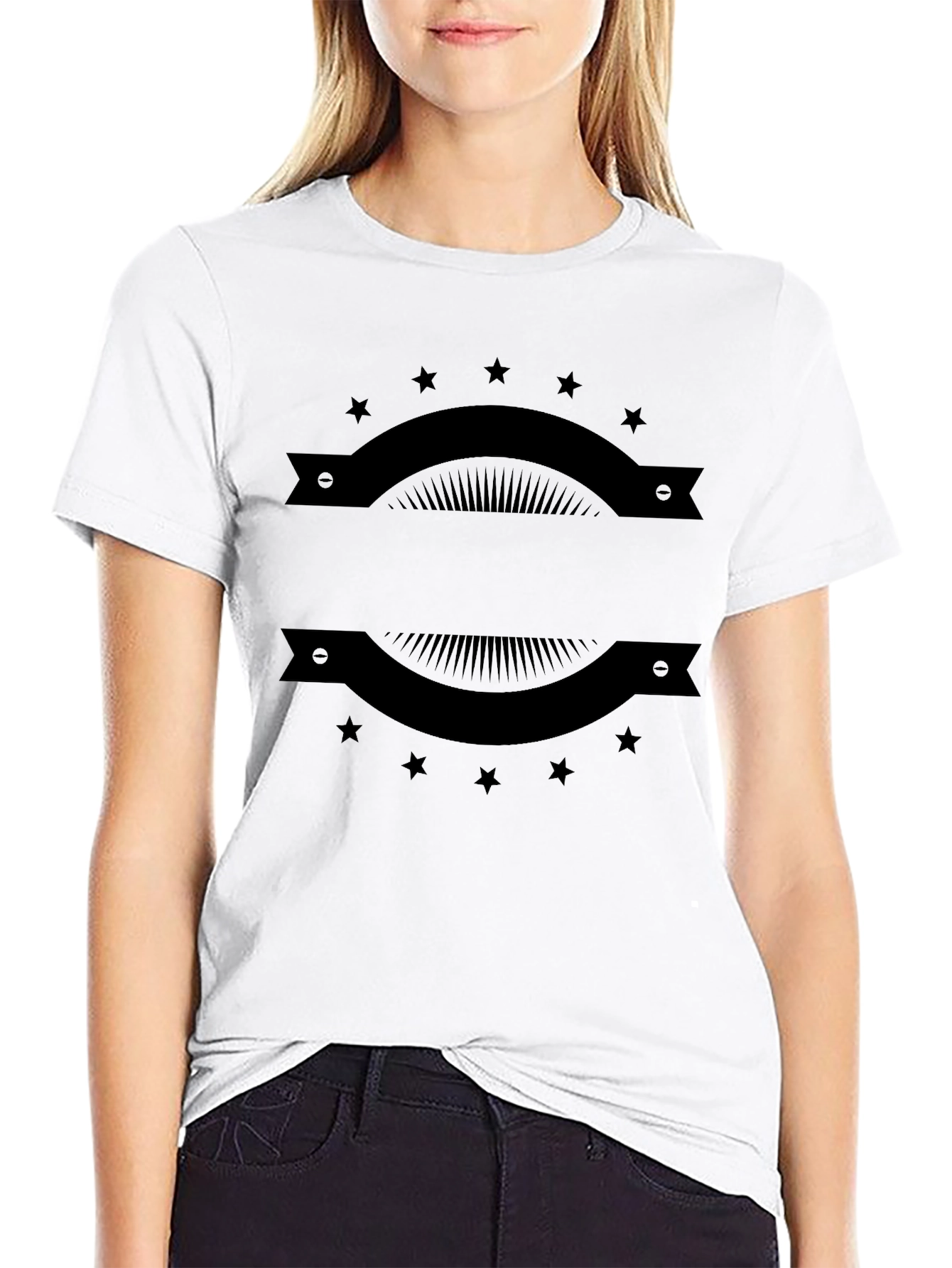 Mens Black Graphic Tee with Banner & Star Design