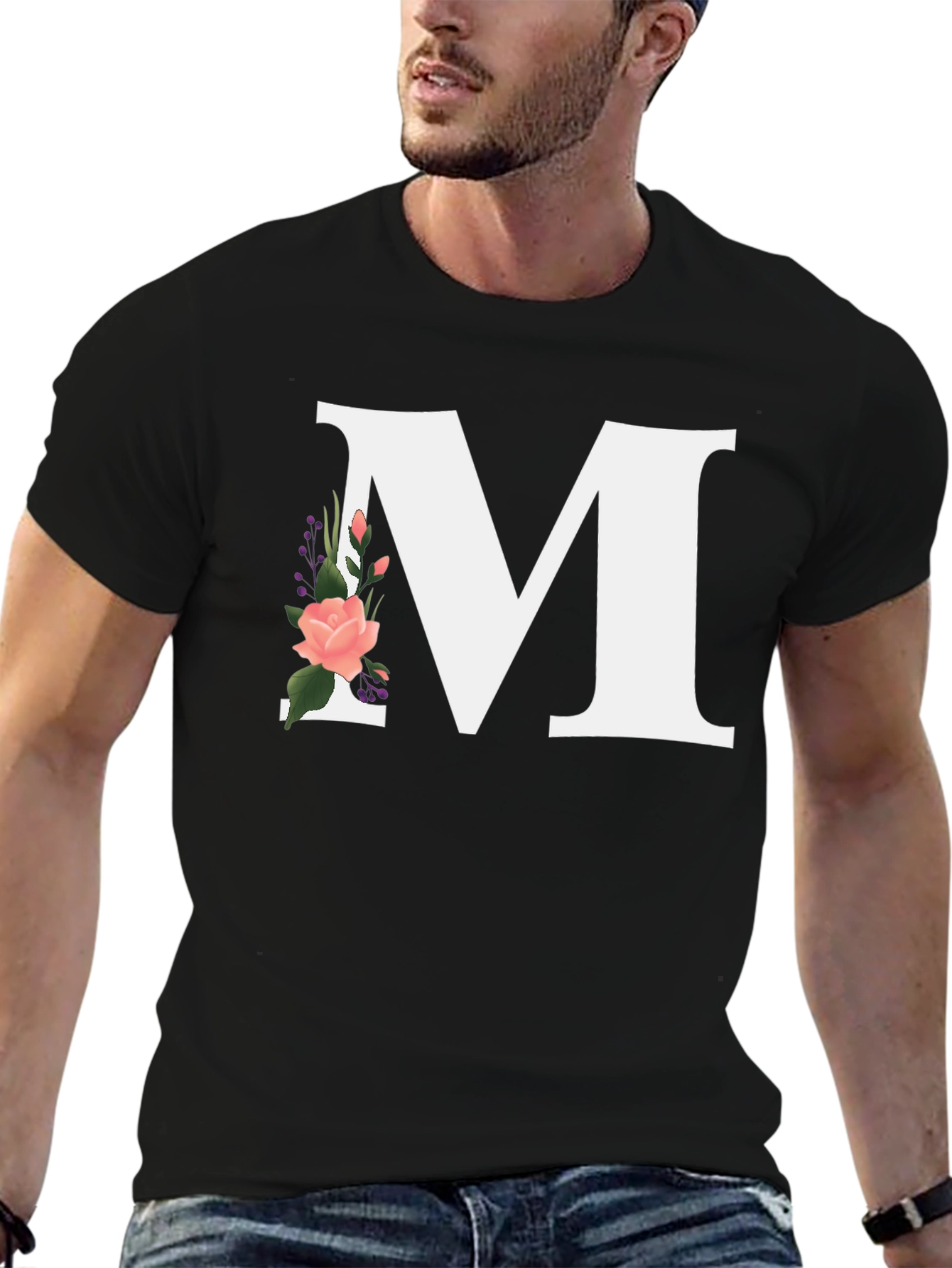 Letter M Floral Black T-Shirt
