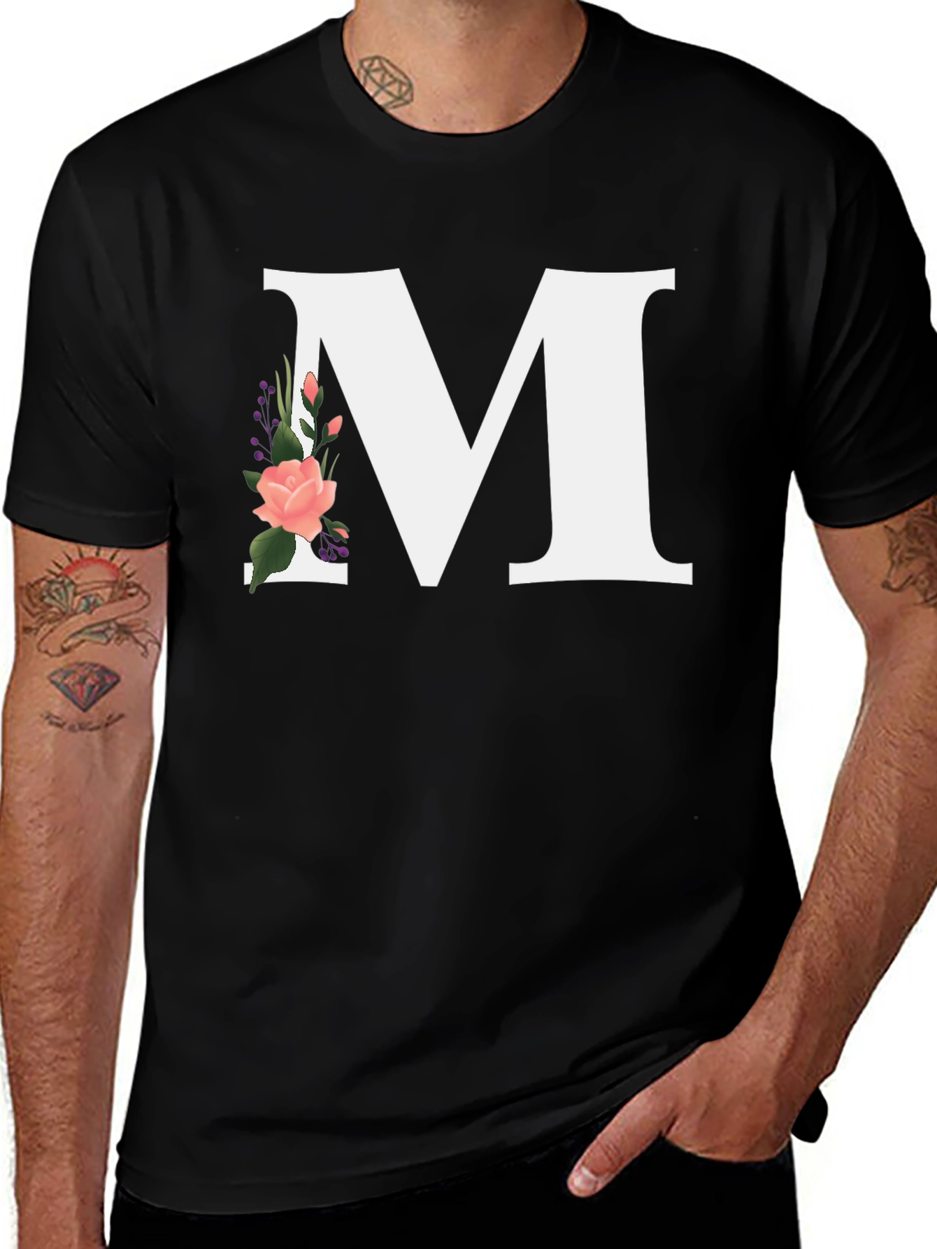 Letter M Floral Black T-Shirt