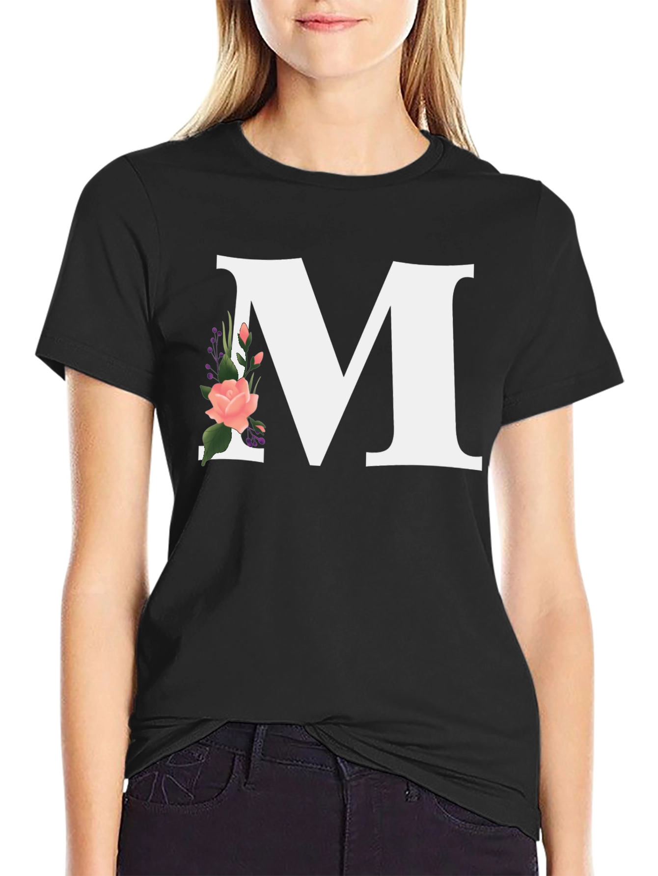 Letter M Floral Black T-Shirt