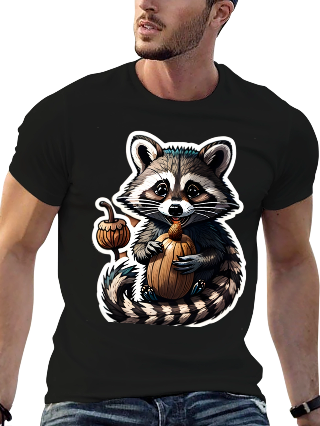 Cute Raccoon Pumpkin Black T-Shirt
