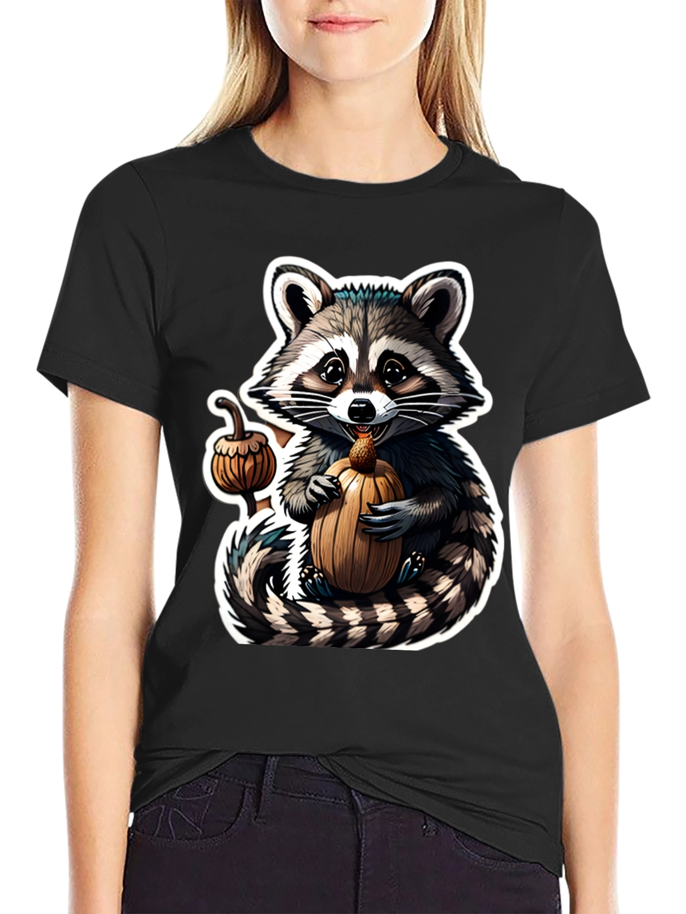 Cute Raccoon Pumpkin Black T-Shirt