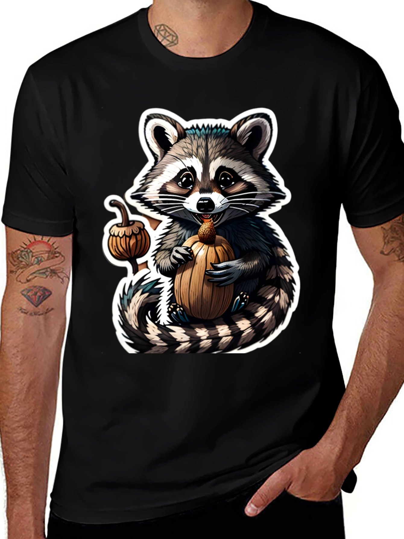 Cute Raccoon Pumpkin Black T-Shirt