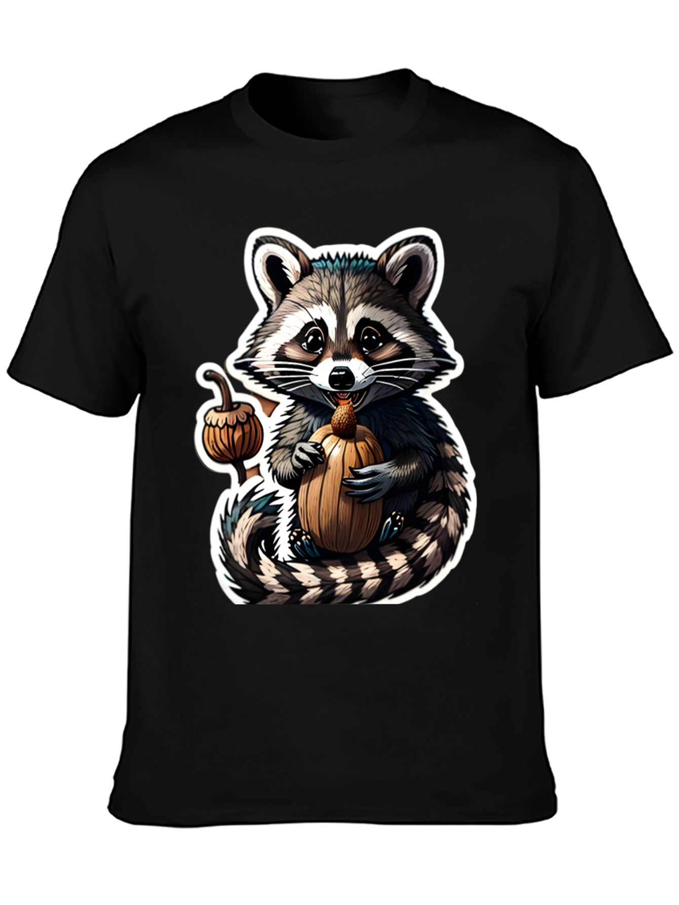 Cute Raccoon Pumpkin Black T-Shirt