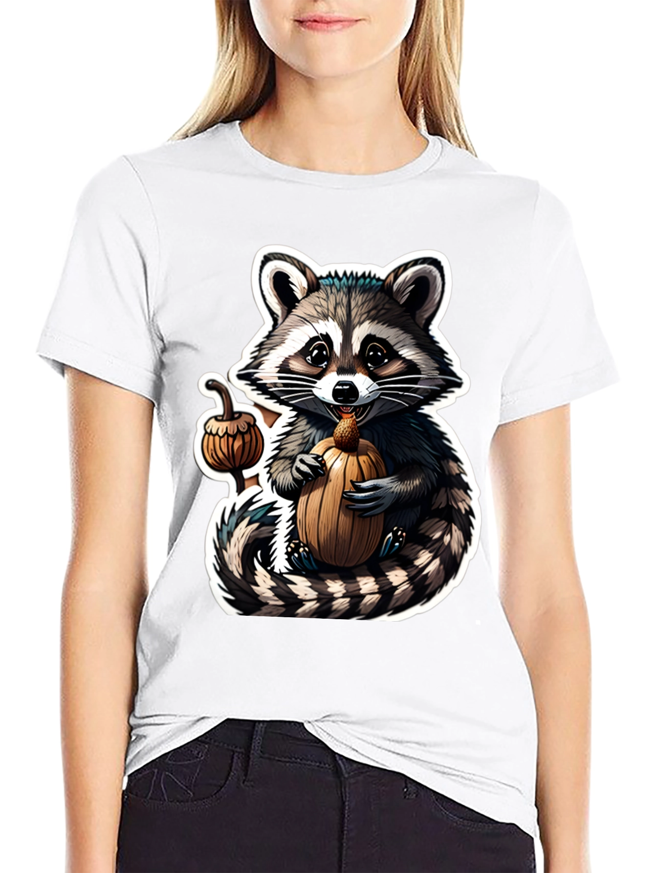 Cute Raccoon Pumpkin Black T-Shirt