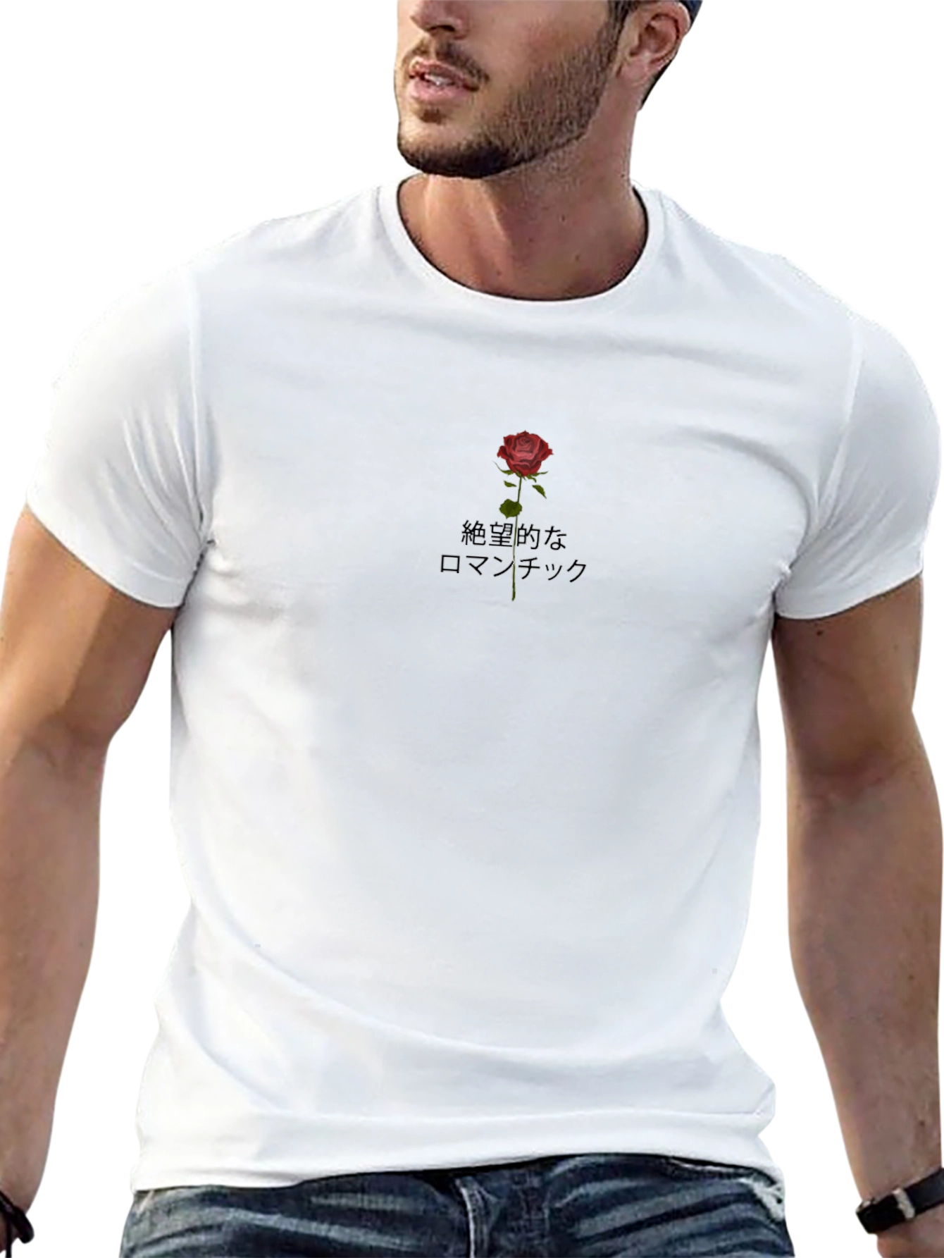 Black Tee with Rose & Japanese Text Design