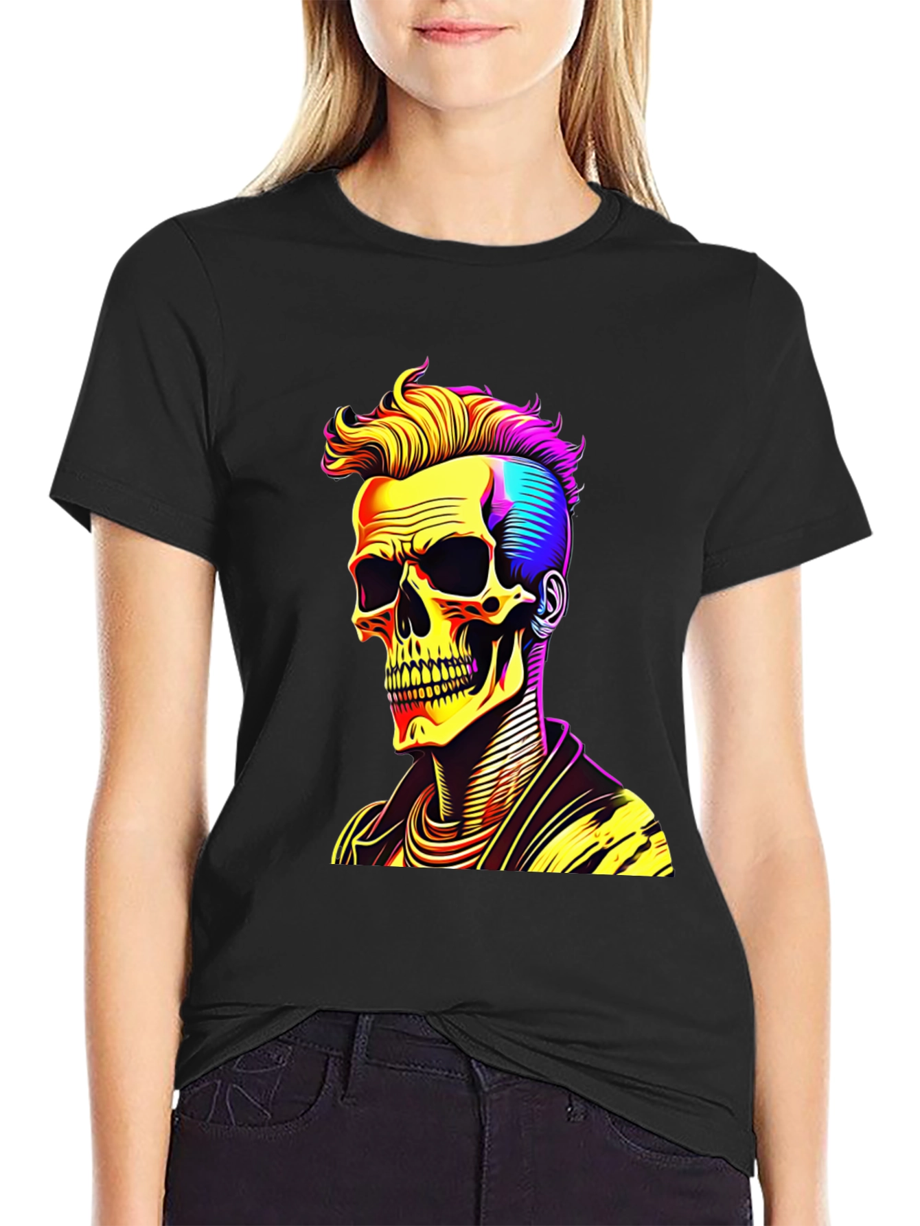 Skull with Punk Hairdo Black T-Shirt