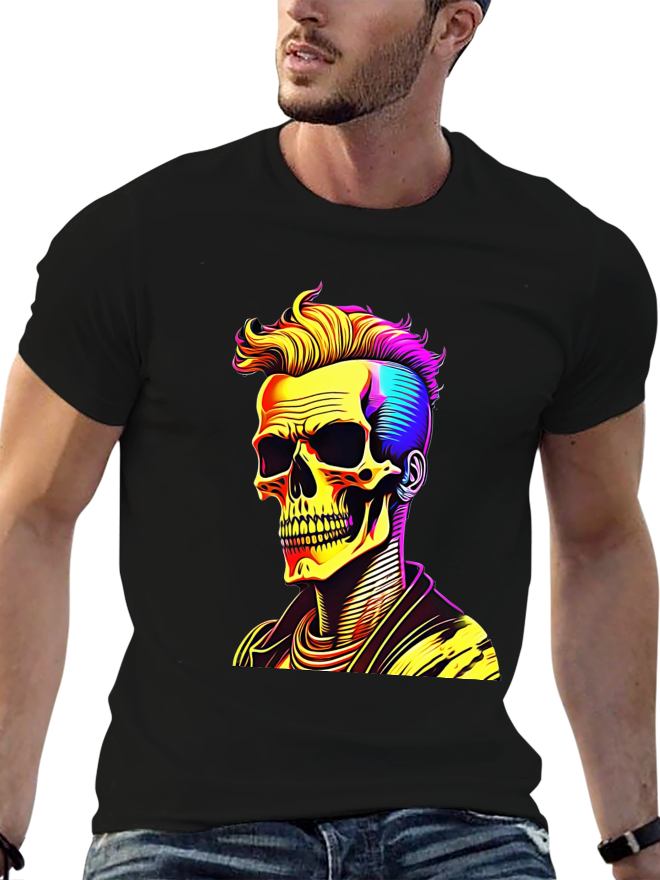 Skull with Punk Hairdo Black T-Shirt