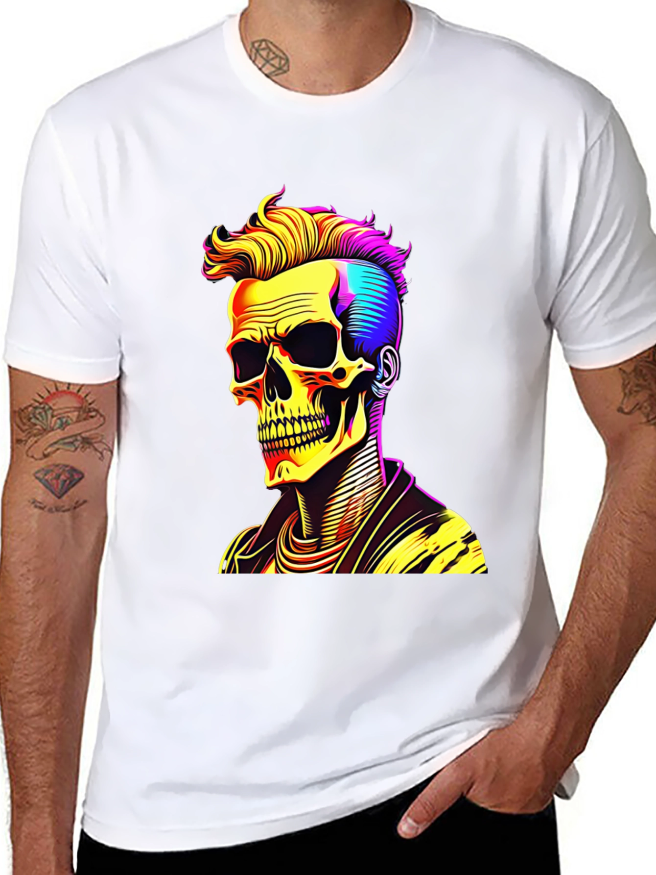 Skull with Punk Hairdo Black T-Shirt