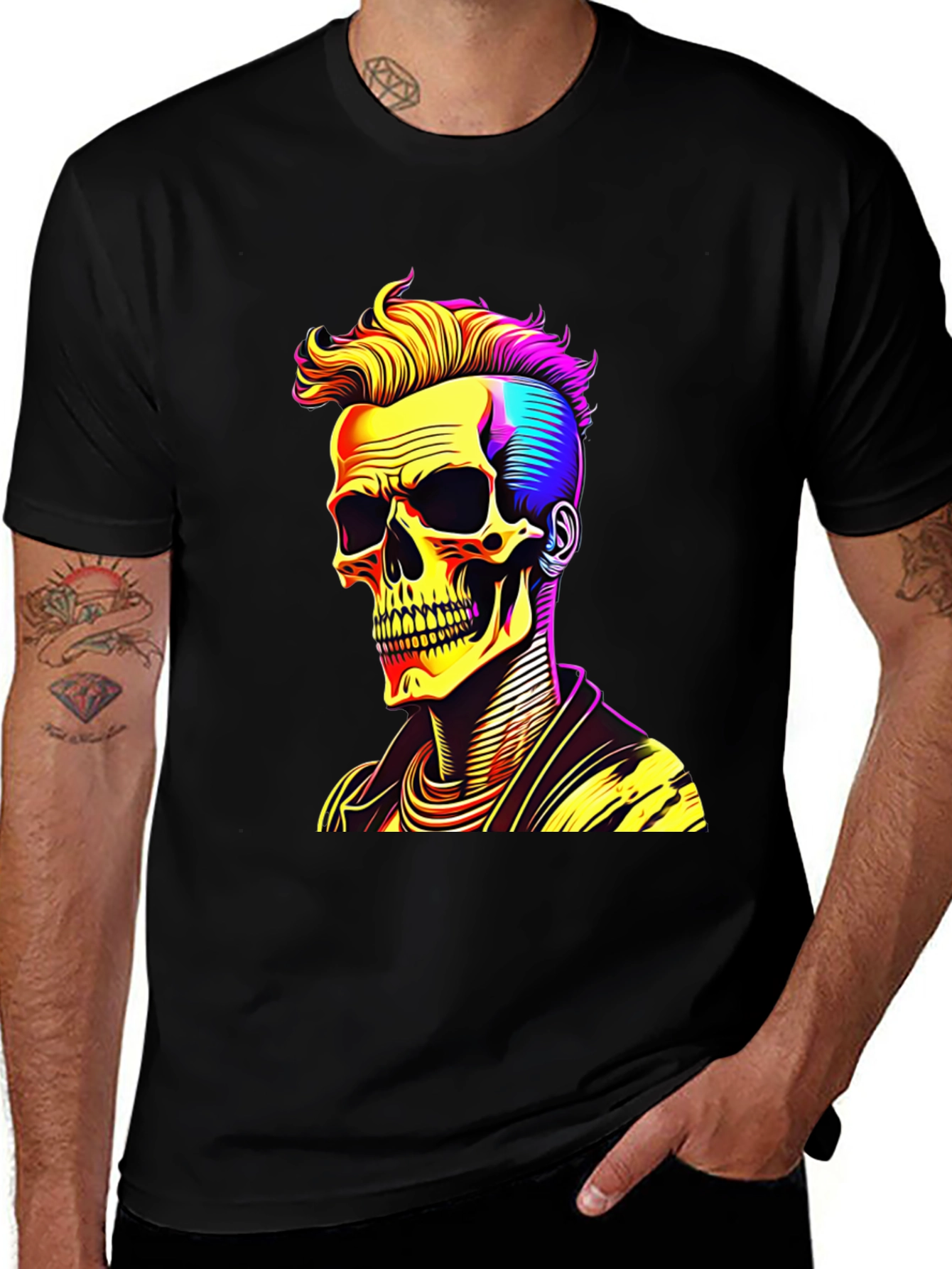 Skull with Punk Hairdo Black T-Shirt