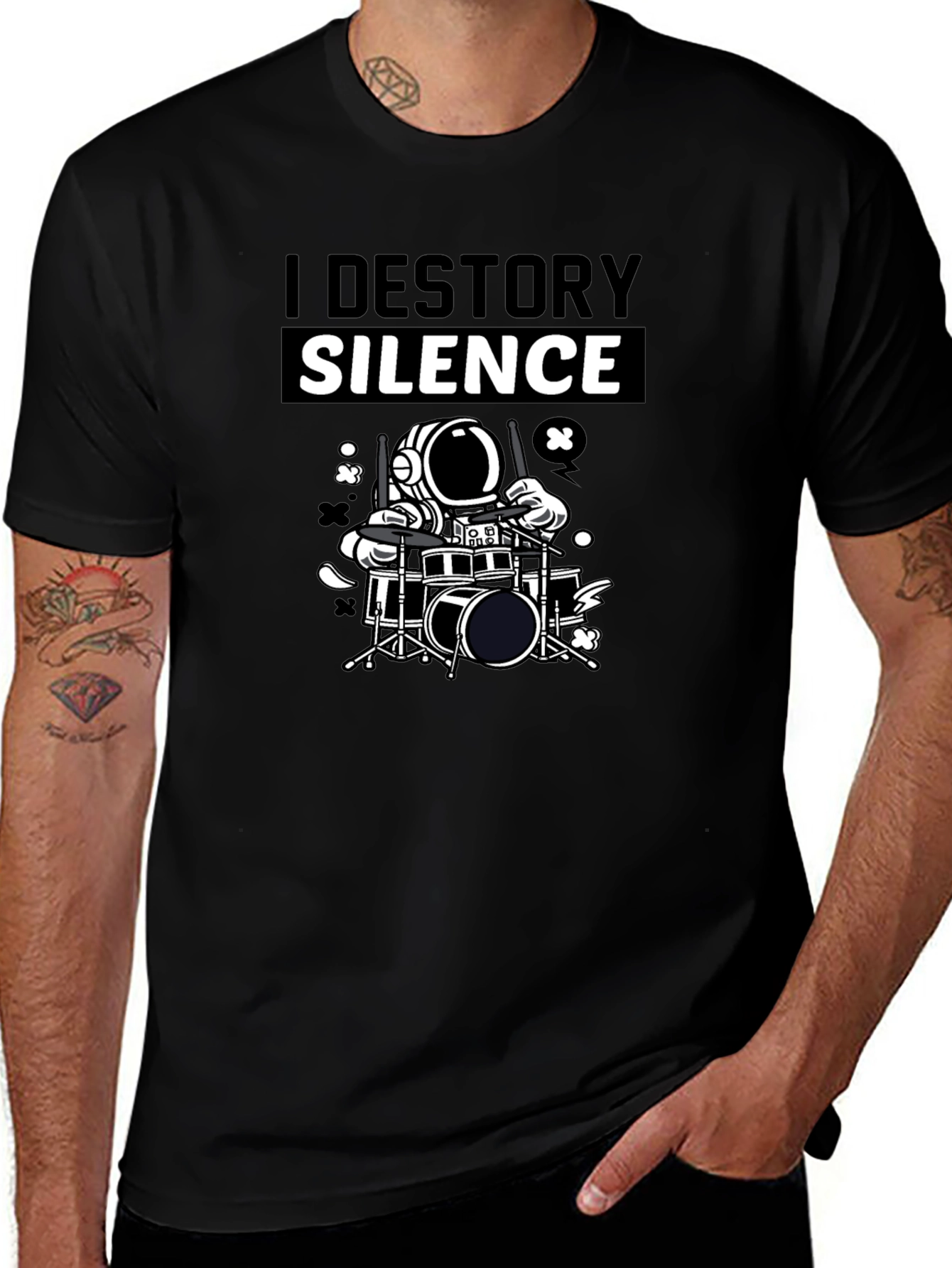 I Destroy Silence Drummer Astronaut Graphic T-Shirt