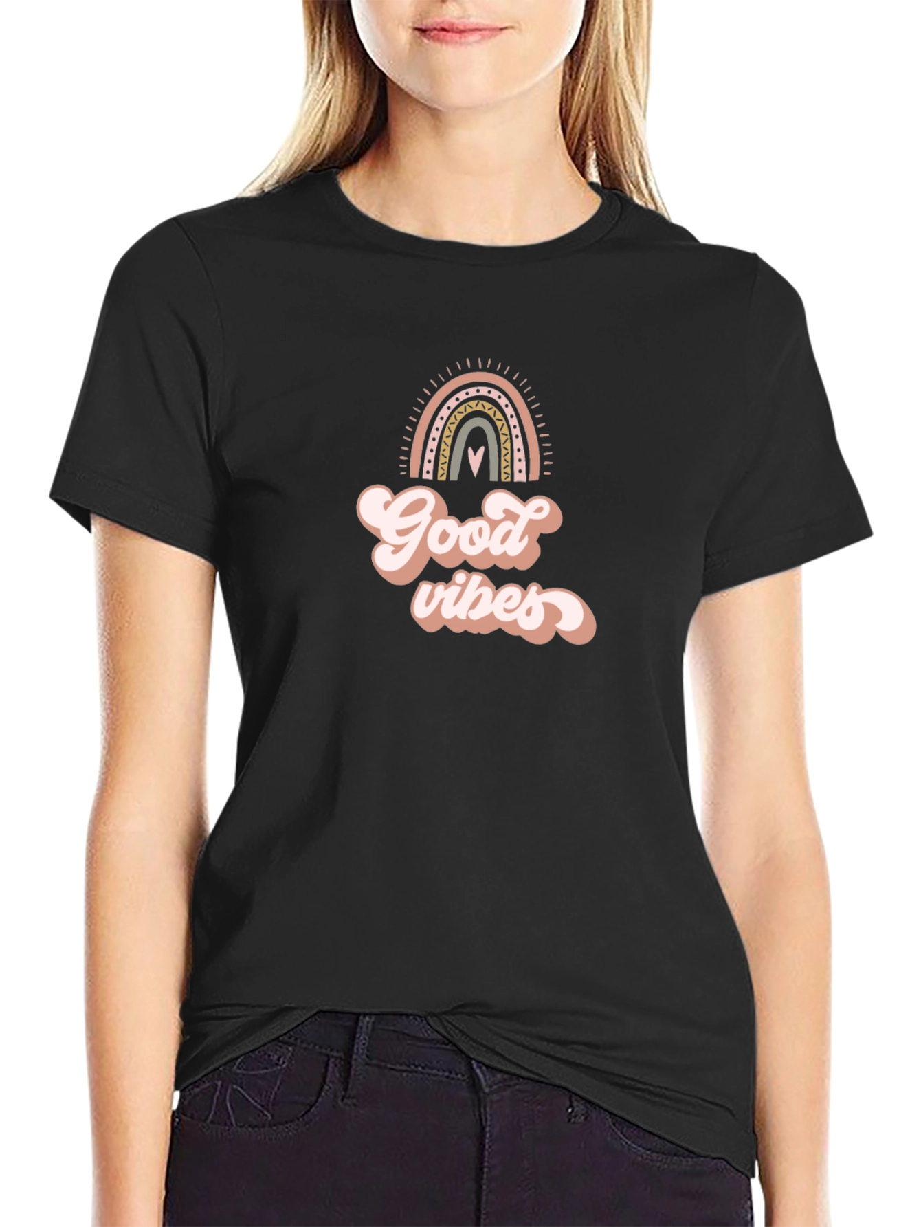 Good Vibes Rainbow Graphic Tee - Soft Black T-Shirt
