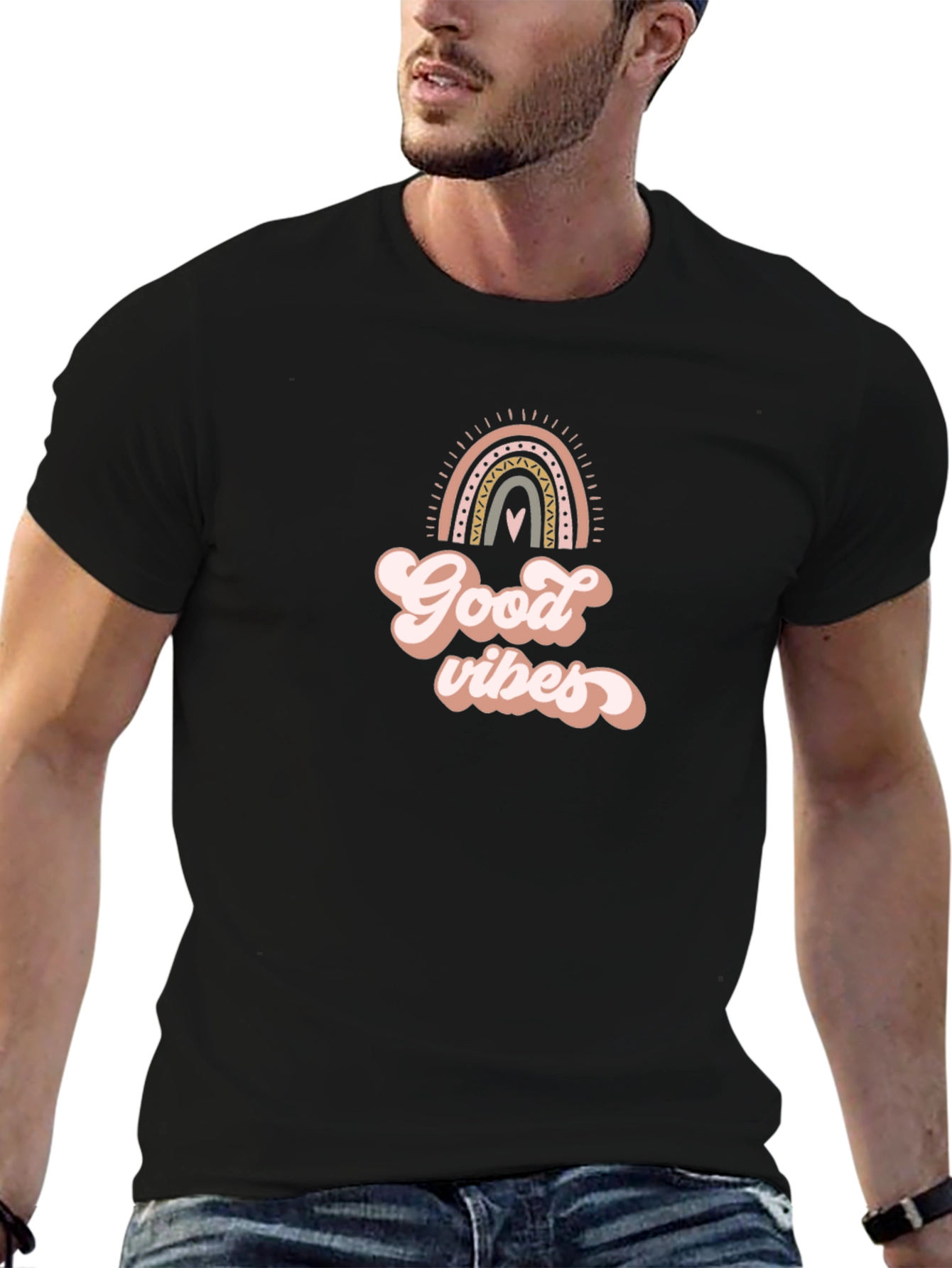 Good Vibes Rainbow Graphic Tee - Soft Black T-Shirt