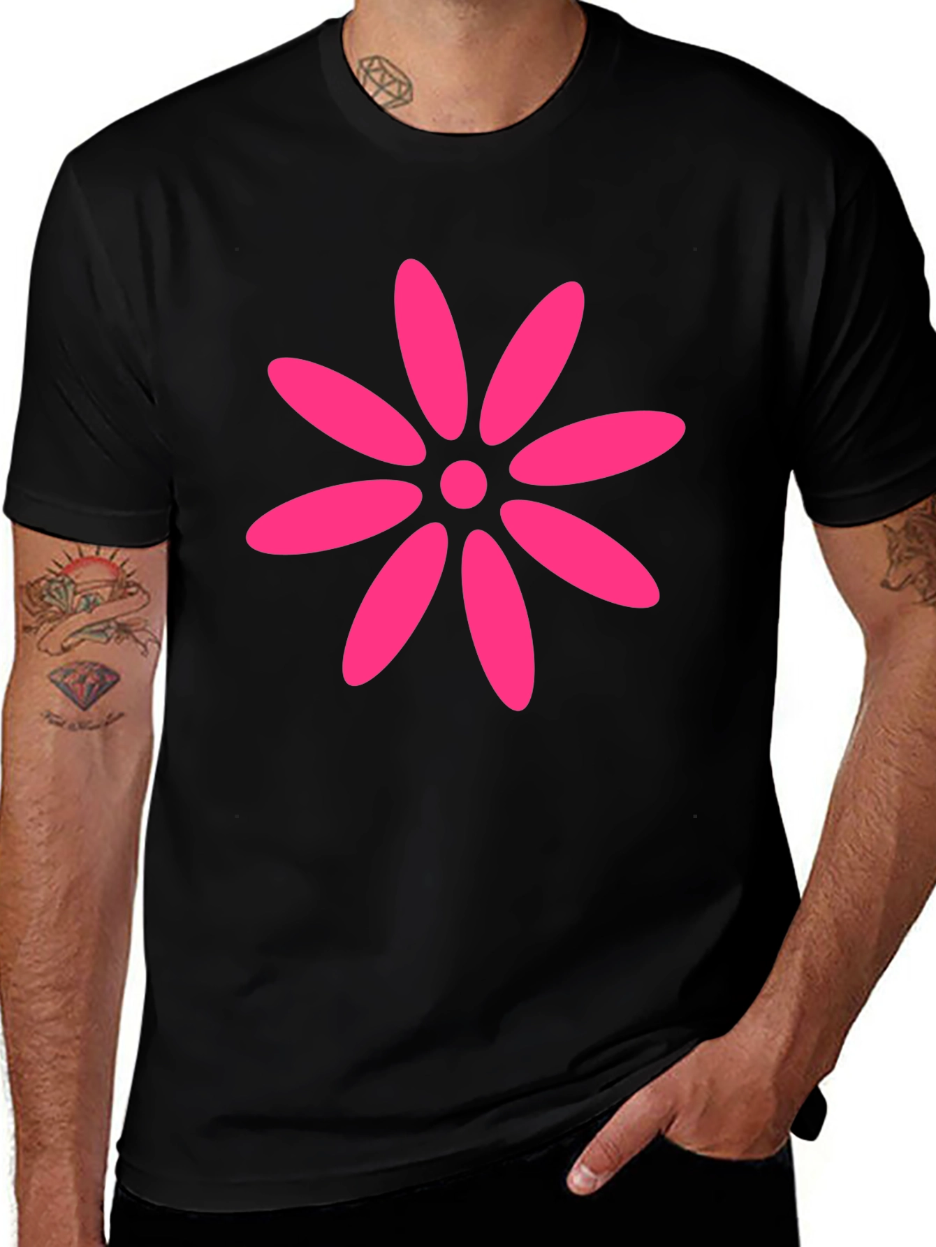 Black T-Shirt with Pink Flower Graphic