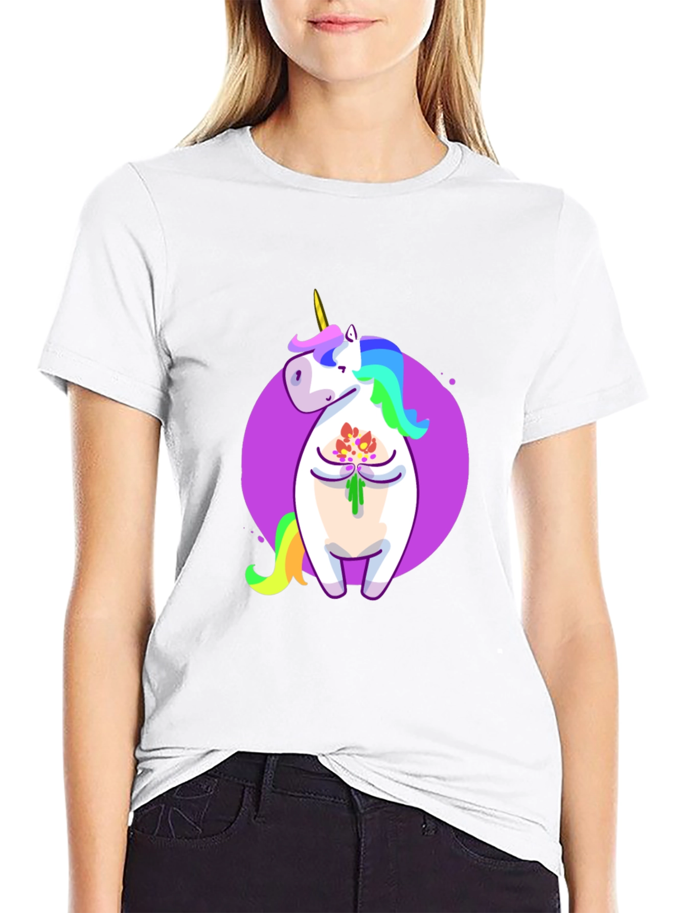 Unicorn Flower Graphic Black T-Shirt