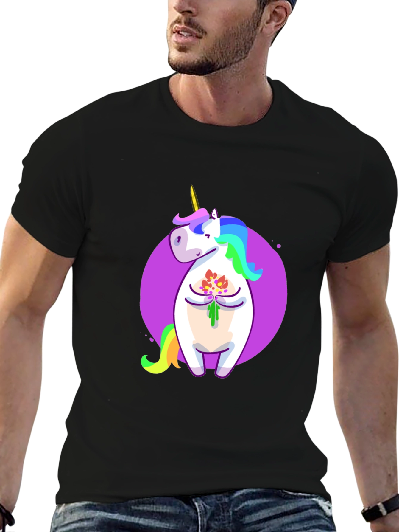Unicorn Flower Graphic Black T-Shirt
