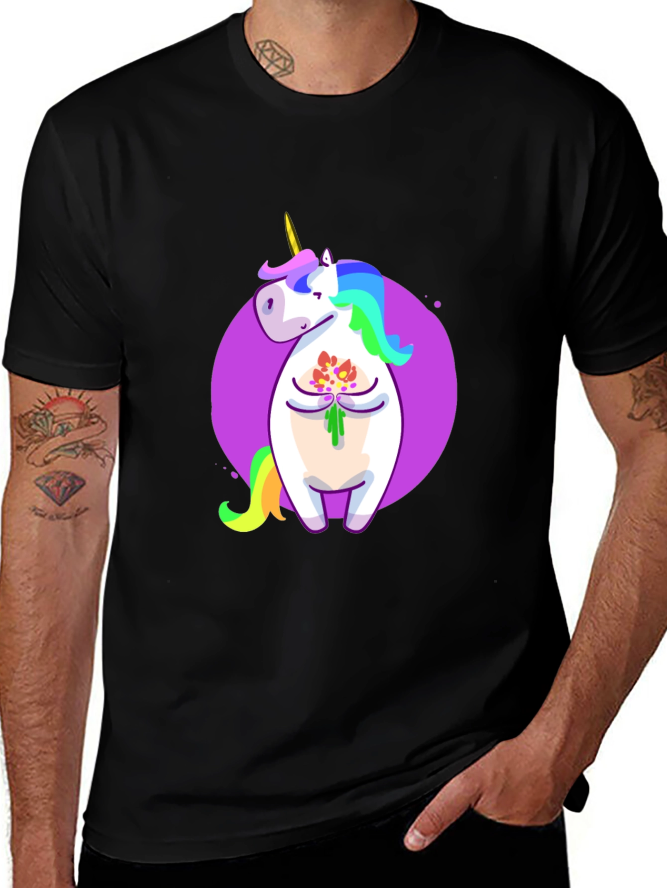 Unicorn Flower Graphic Black T-Shirt