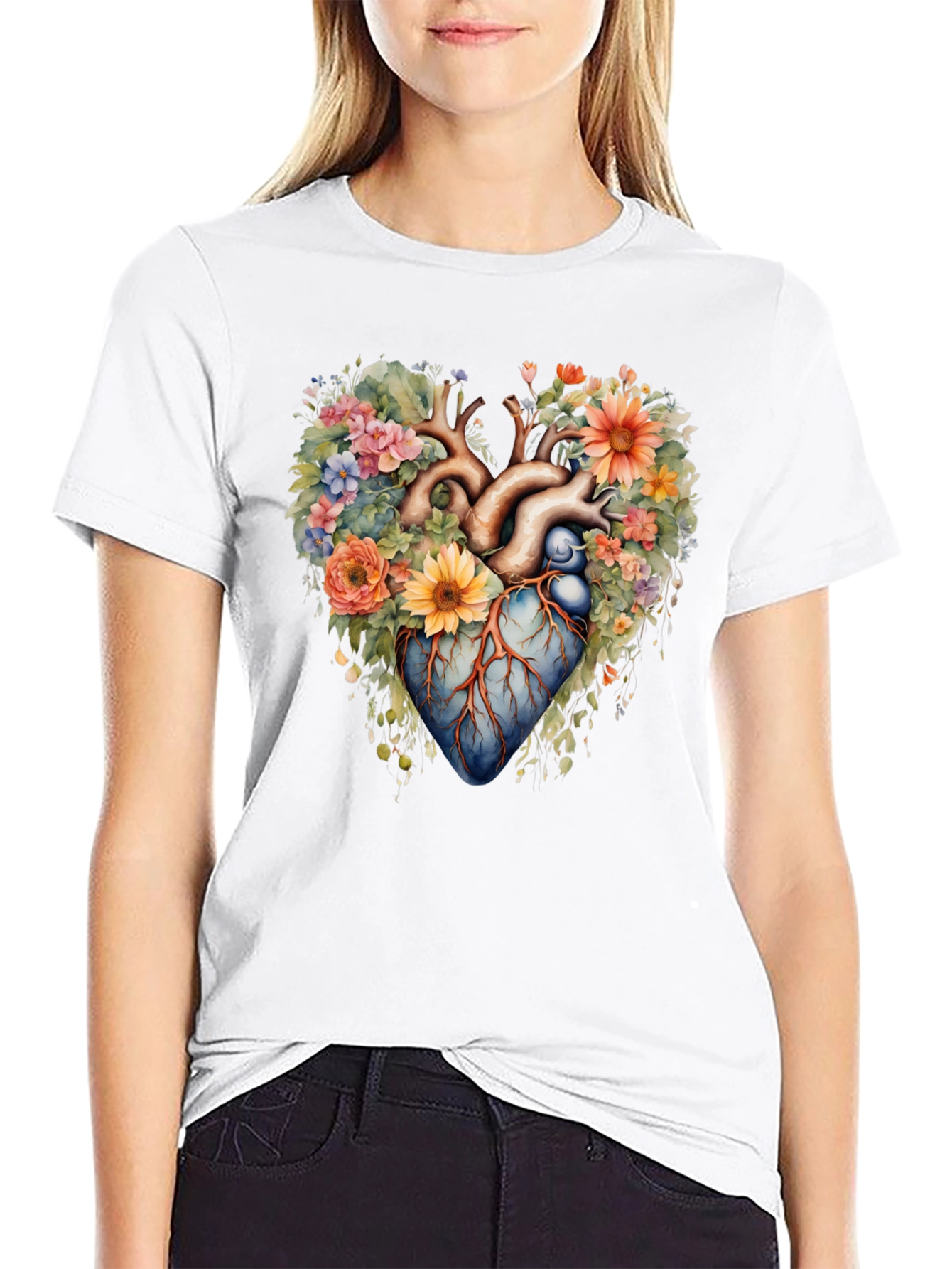 Floral Heart Anatomy T-Shirt - Artistic Graphic Tee