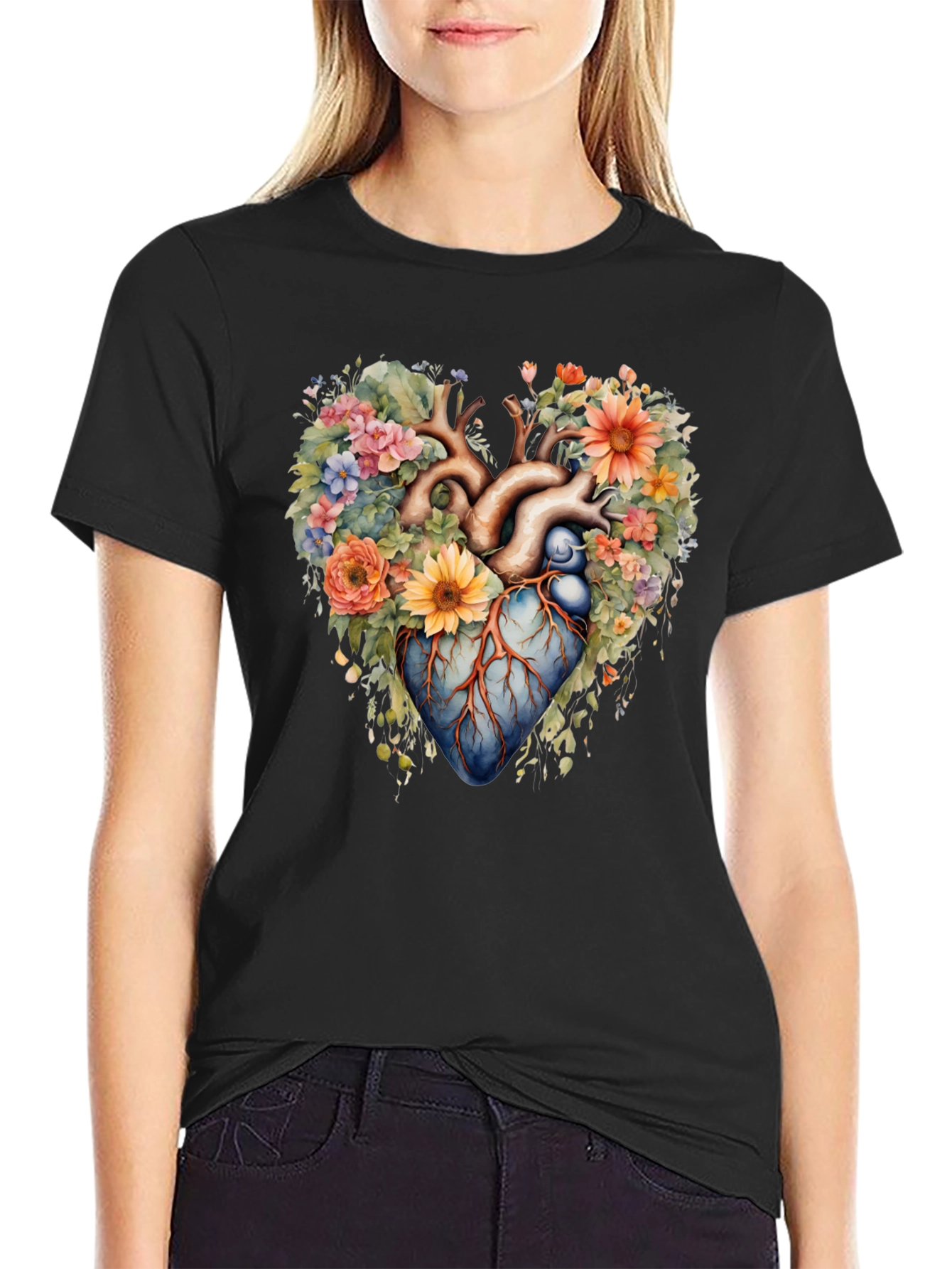 Floral Heart Anatomy T-Shirt - Artistic Graphic Tee