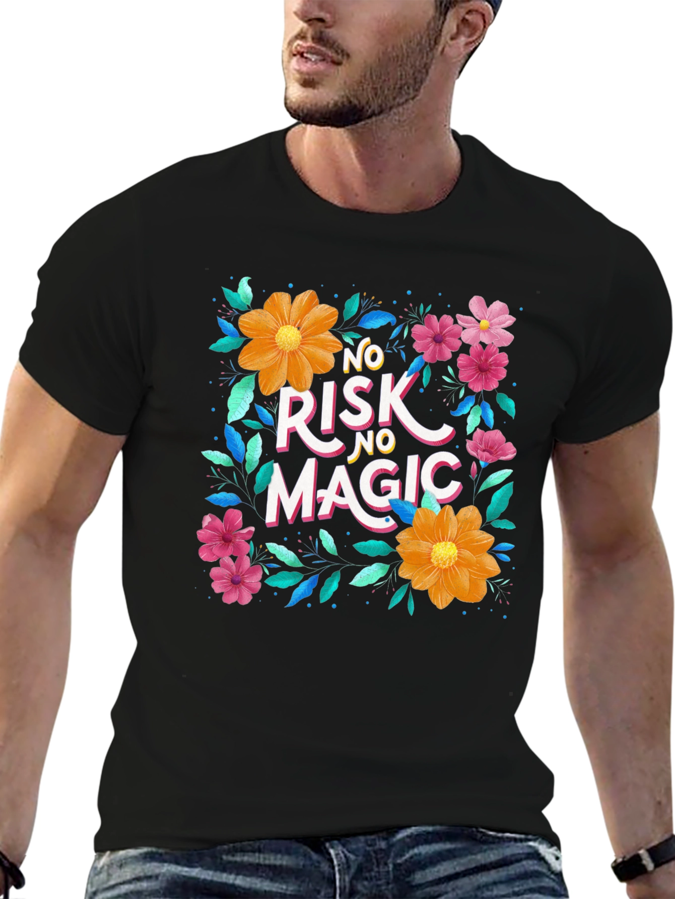 Floral No Risk No Magic Black Graphic T-Shirt