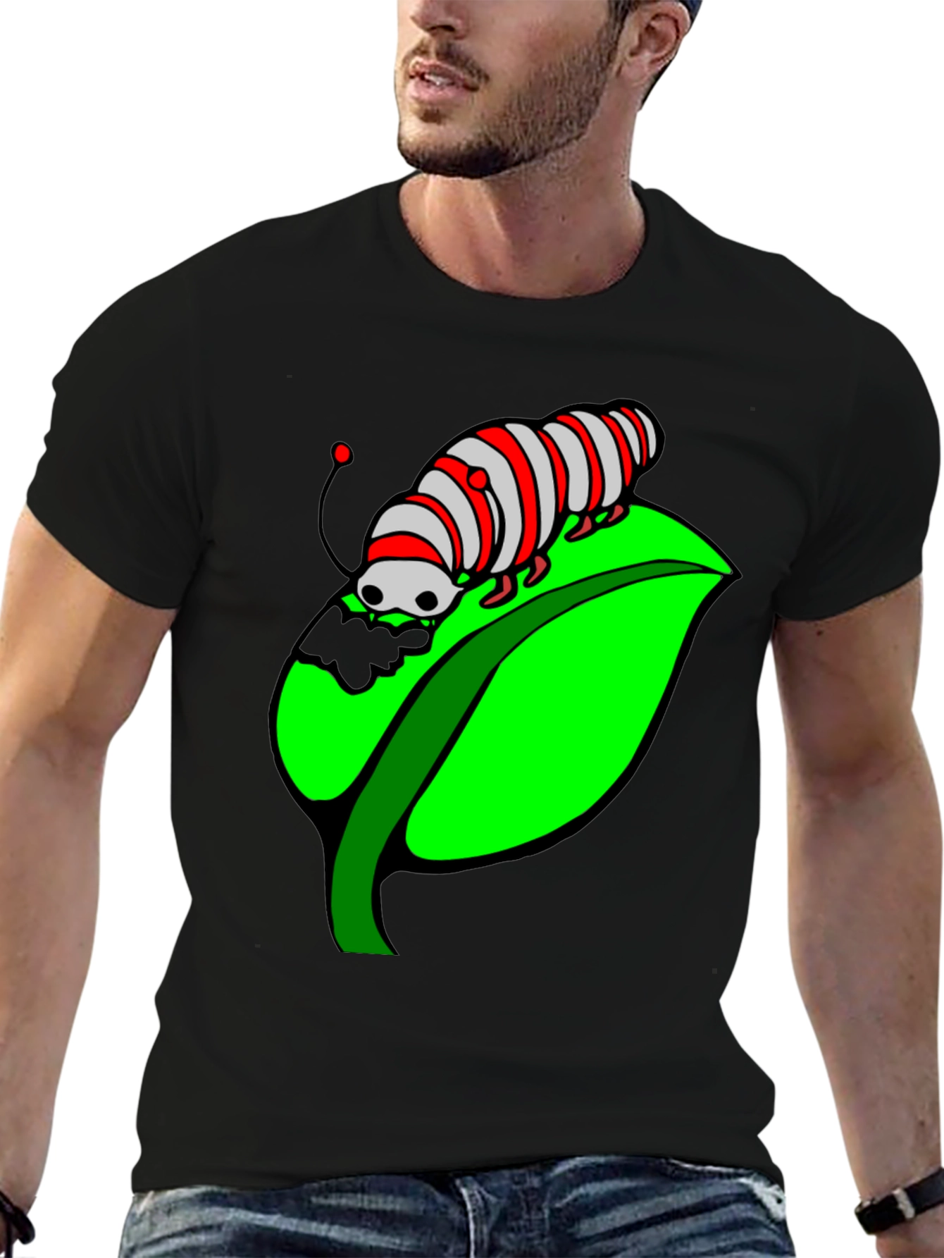 Caterpillar on Leaf Graphic T-Shirt - Black Cotton Tee