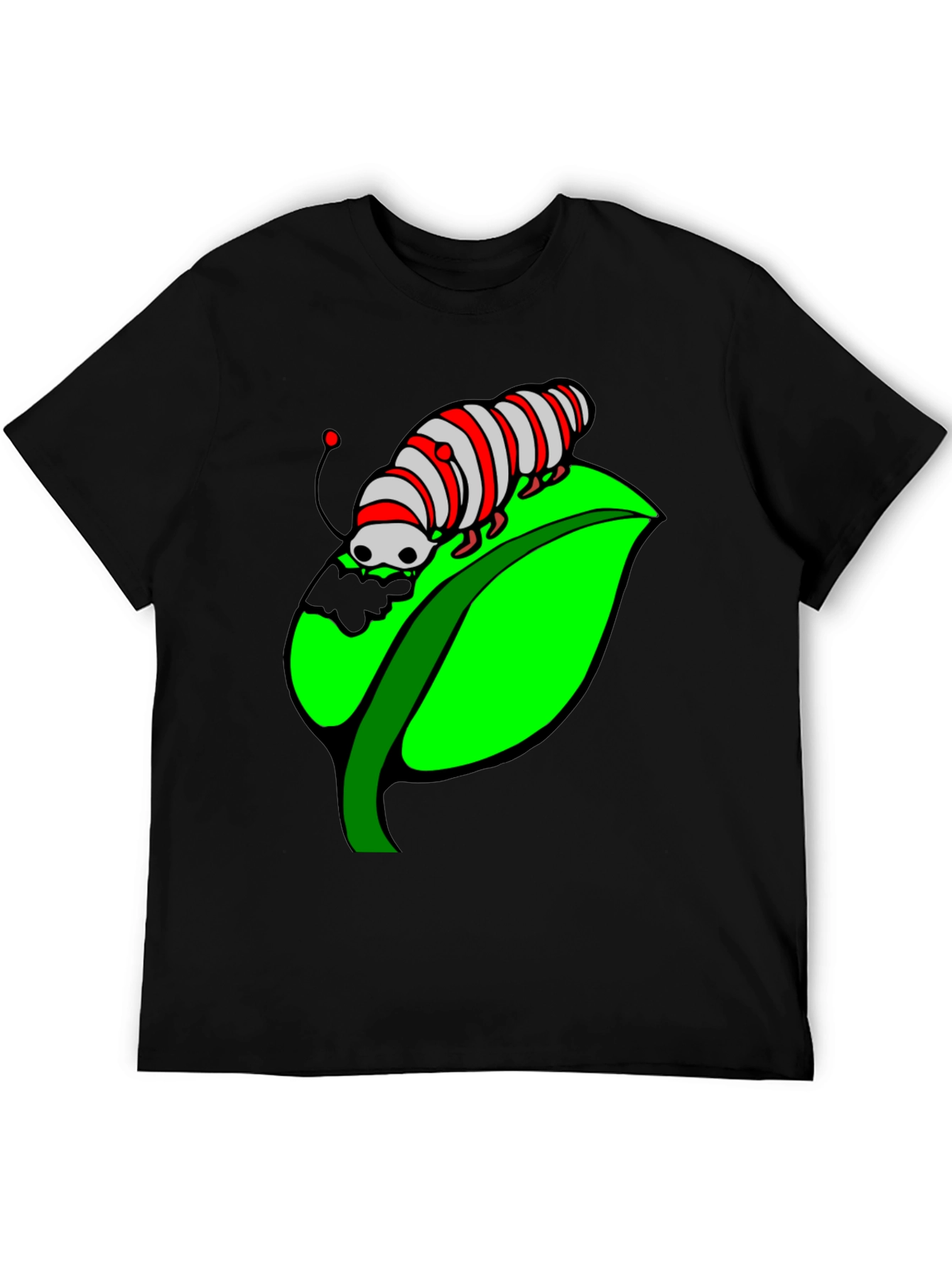 Caterpillar on Leaf Graphic T-Shirt - Black Cotton Tee