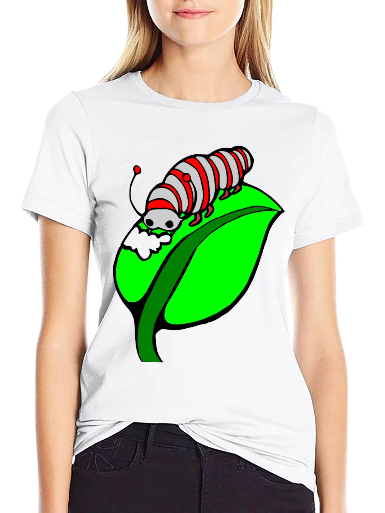 Caterpillar on Leaf Graphic T-Shirt - Black Cotton Tee