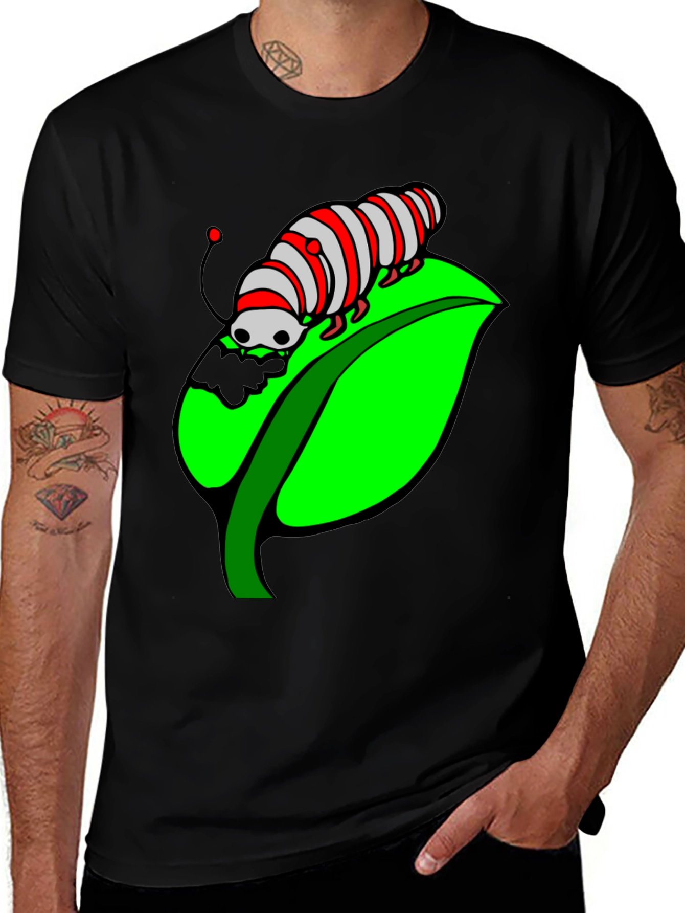 Caterpillar on Leaf Graphic T-Shirt - Black Cotton Tee