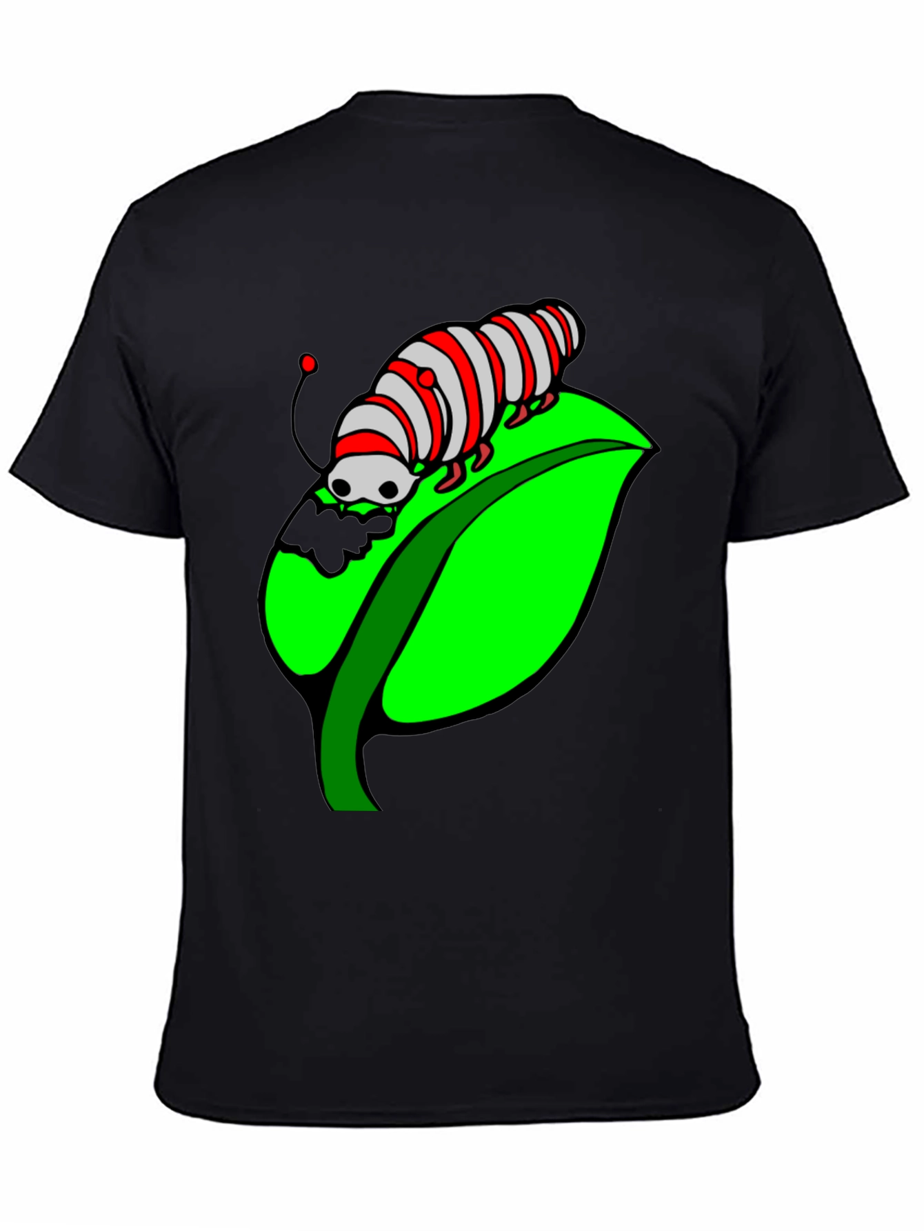 Caterpillar on Leaf Graphic T-Shirt - Black Cotton Tee
