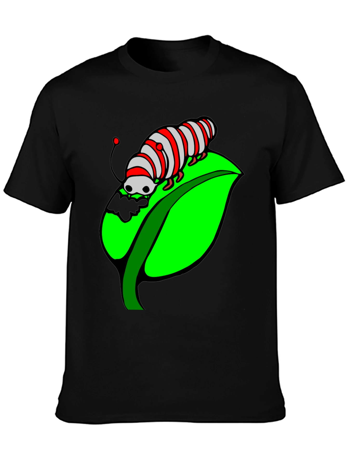 Caterpillar on Leaf Graphic T-Shirt - Black Cotton Tee