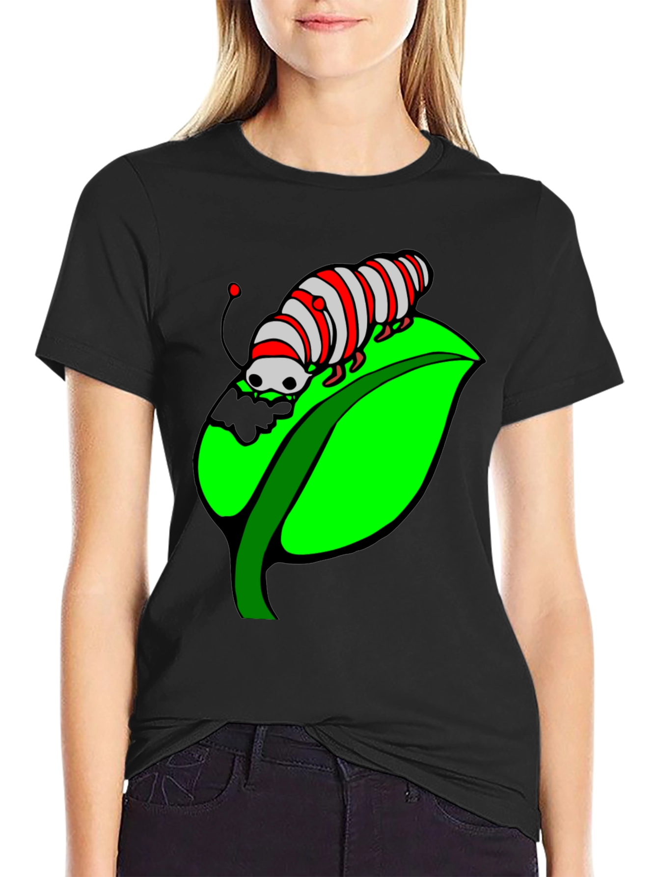 Caterpillar on Leaf Graphic T-Shirt - Black Cotton Tee