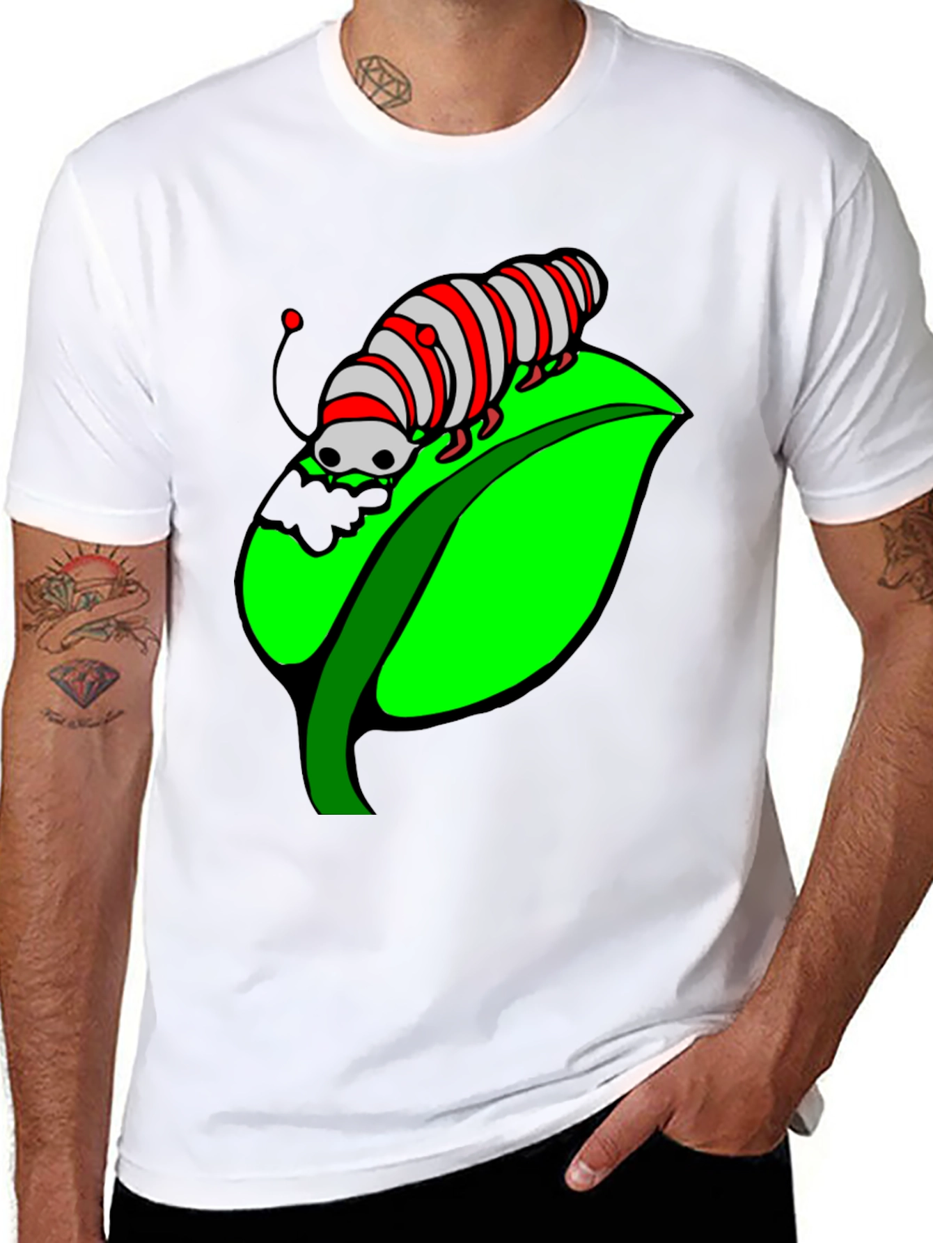 Caterpillar on Leaf Graphic T-Shirt - Black Cotton Tee