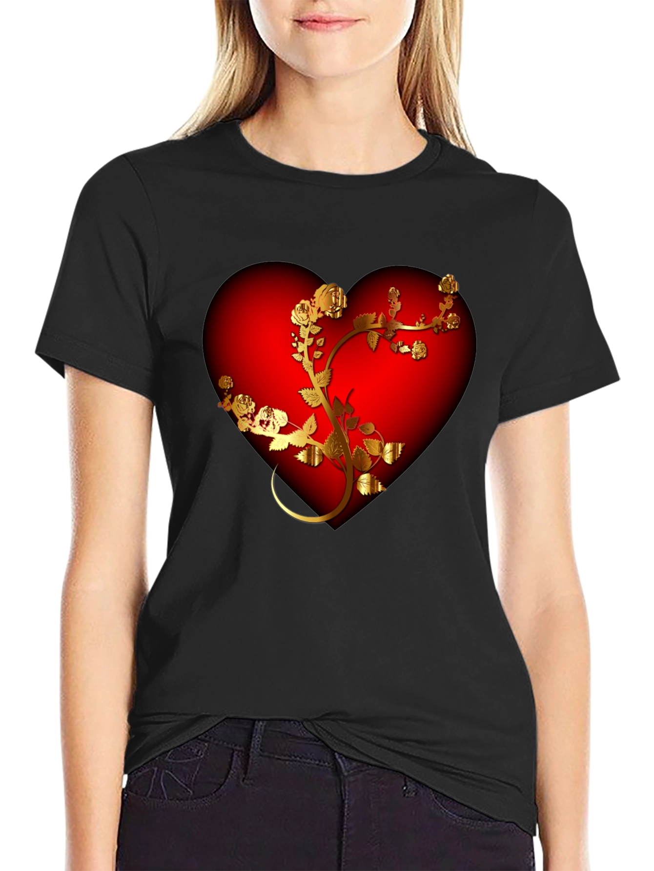 Romantic Heart & Rose T-Shirt - Black