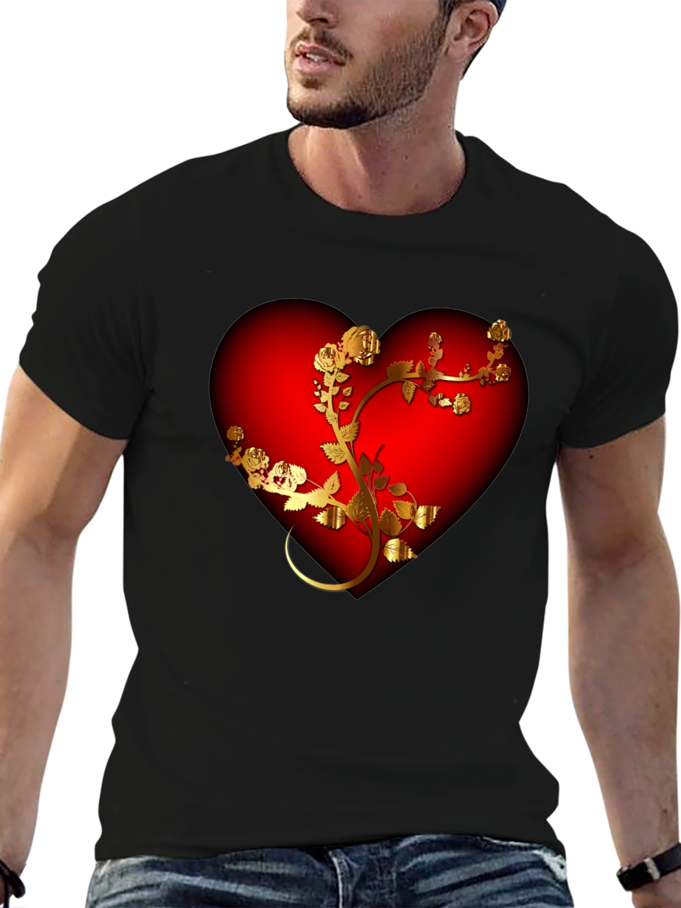 Romantic Heart & Rose T-Shirt - Black