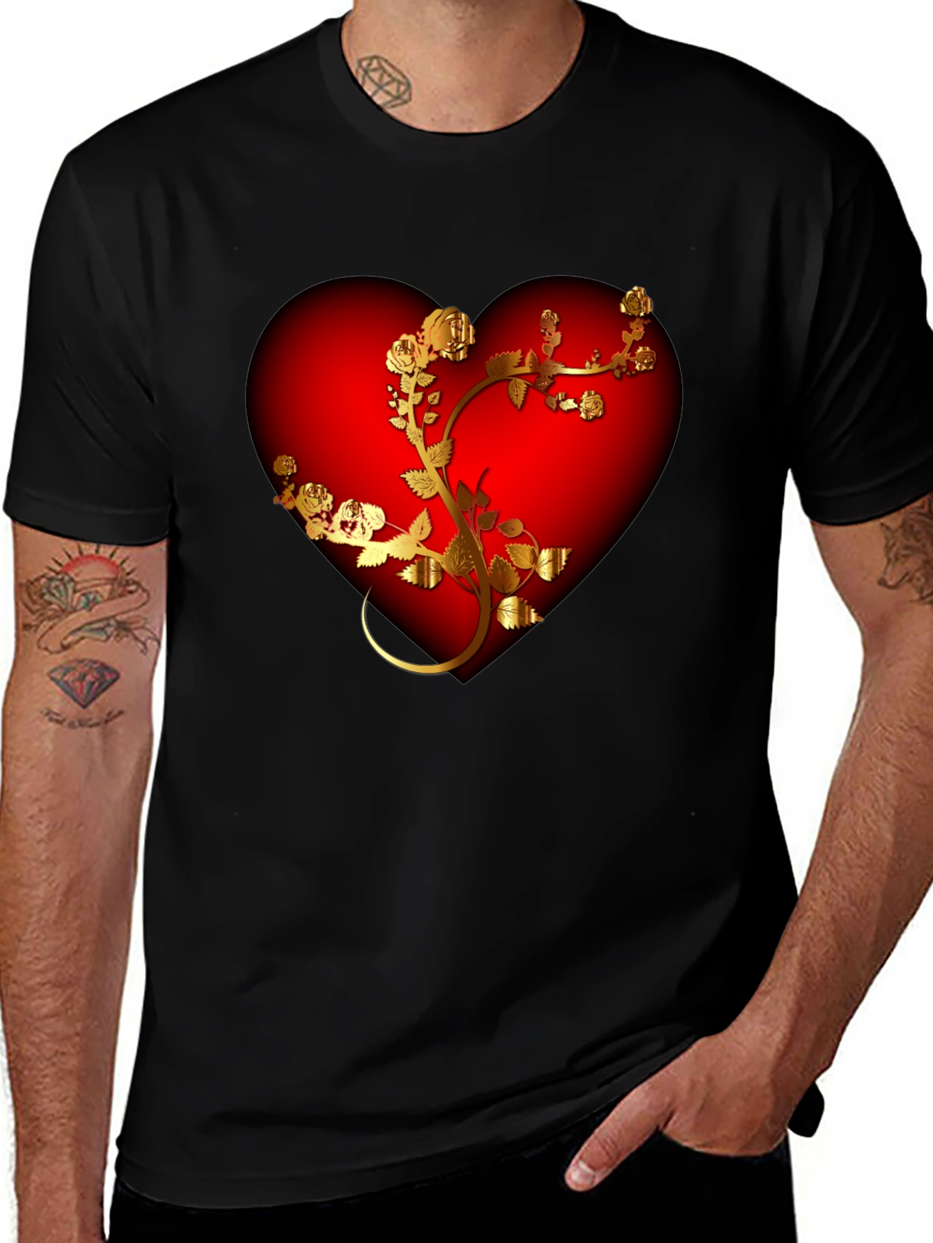 Romantic Heart & Rose T-Shirt - Black